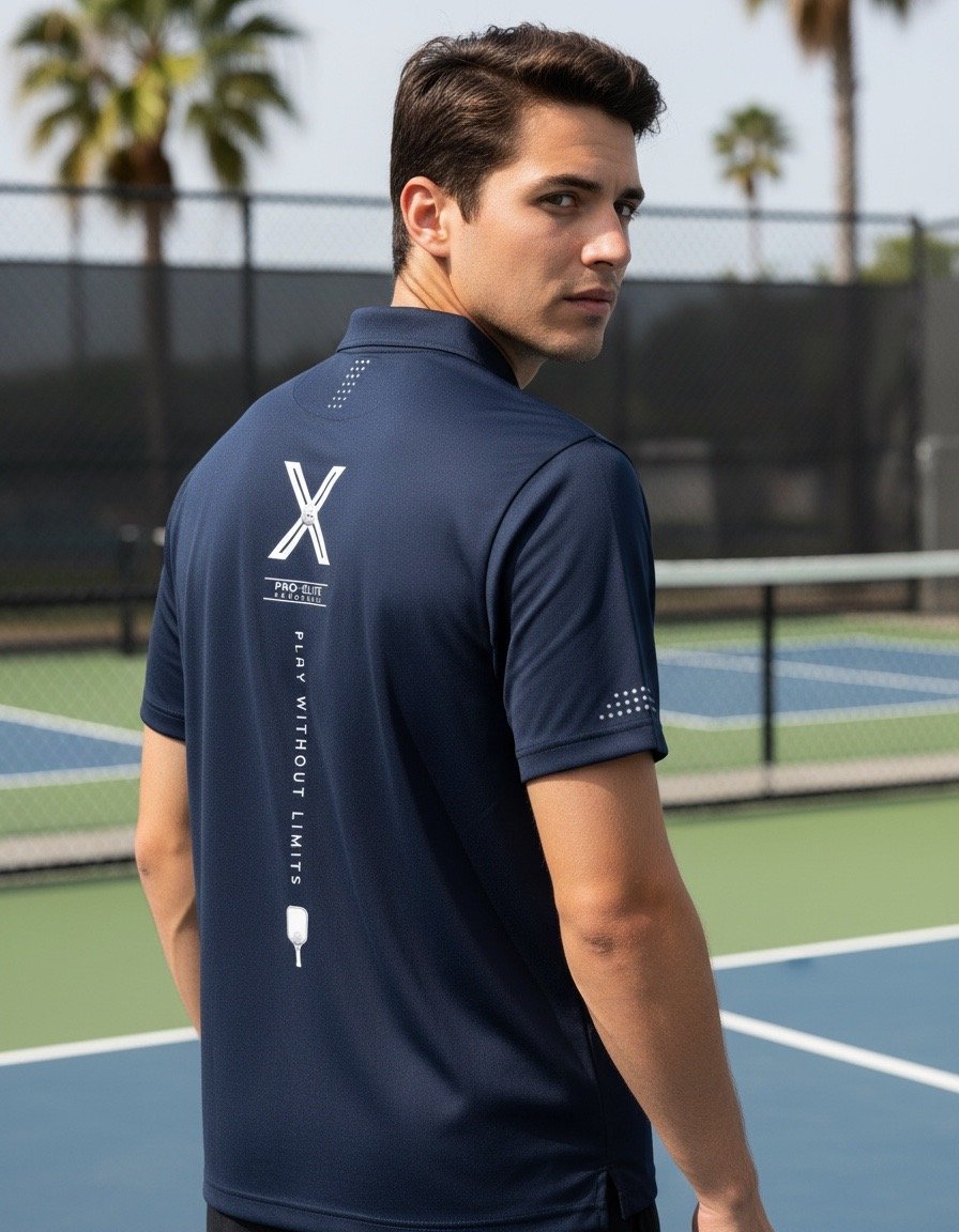 A young man wearing a navy blue athletic polo shirt stands on a tennis court with palm trees in the background, looking over his shoulder.