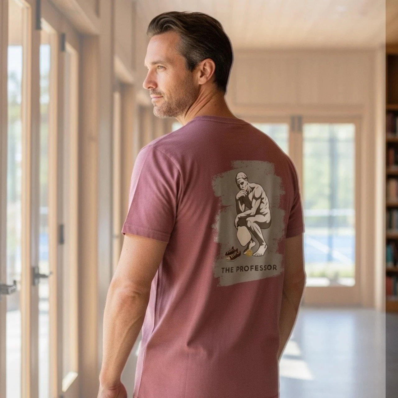 A model wearing a faded red classic T-shirt by Pickleball Merch Aus, which features an Art of Pickleball graphic on the back, with a light grey background