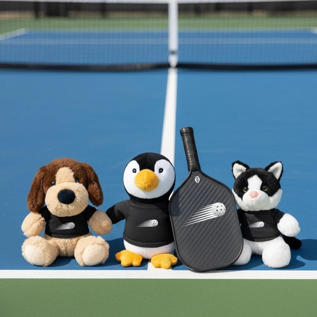 Three plush toys resembling a dog, a penguin, and a cat sit on a tennis court with a paddle and ball between them, all wearing black sports shirts.