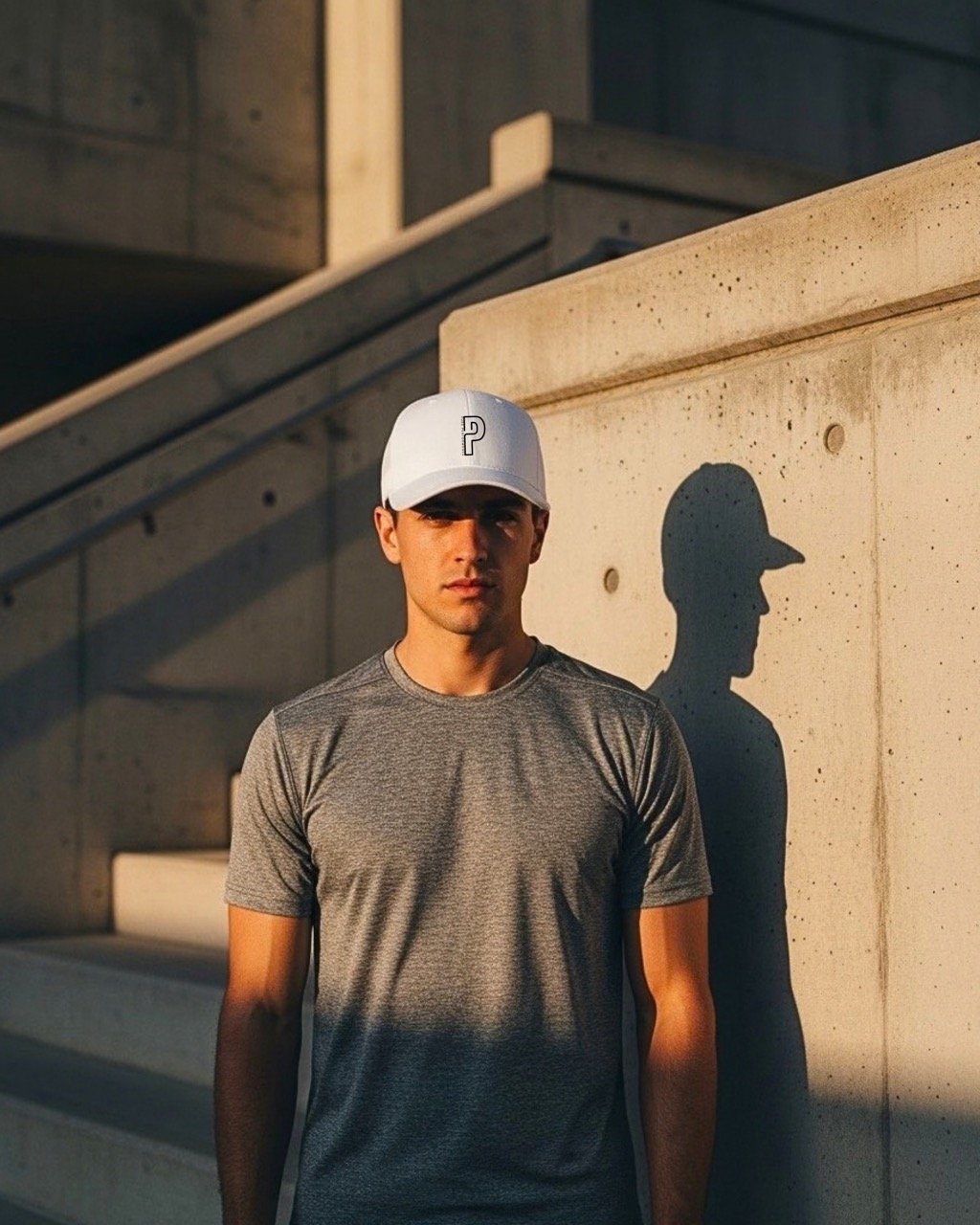 A young man in a gray athletic shirt and white cap standing outdoors against a concrete wall, with the shadow of his profile cast on the wall.