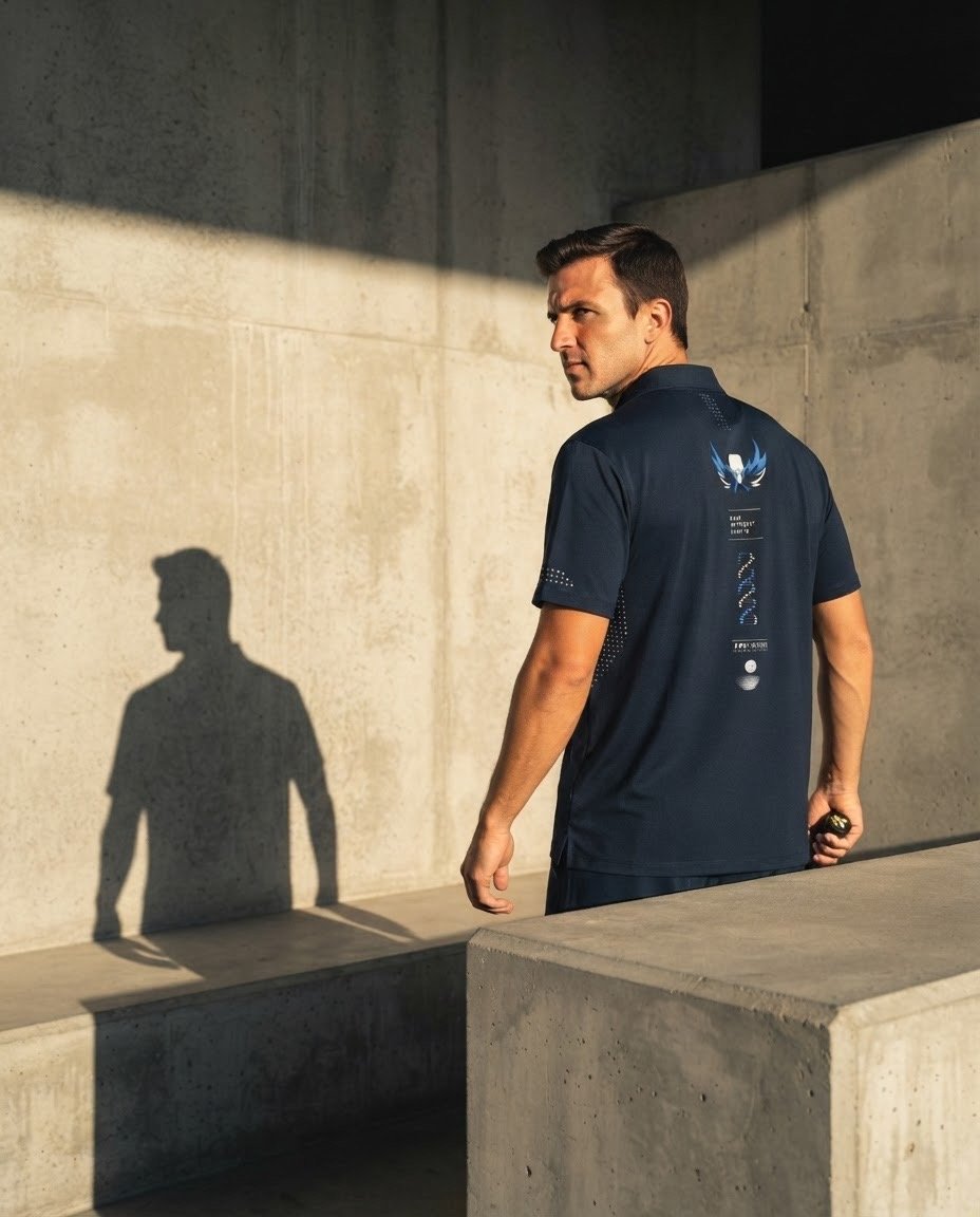 A man in a navy sports shirt is walking past a concrete wall, casting a shadow on the wall which mimics his profile.