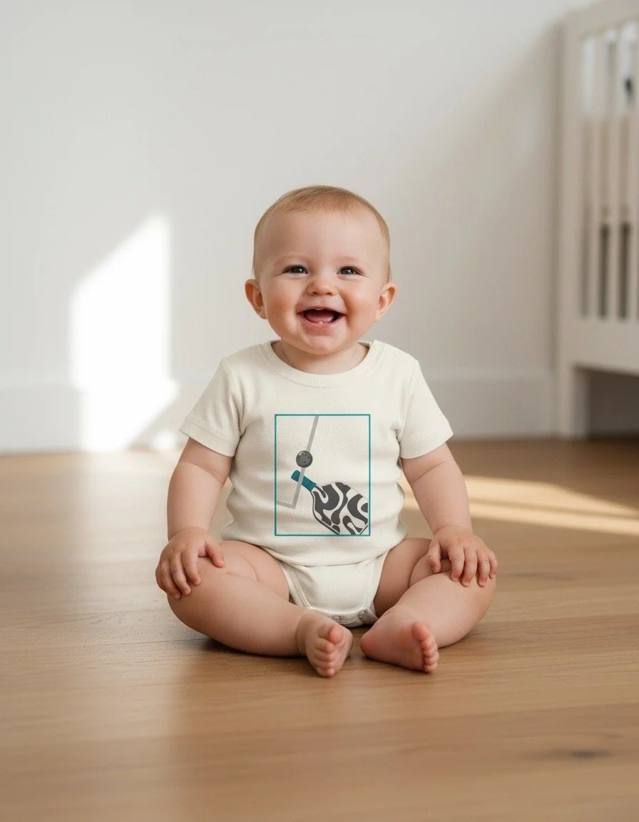 An infant wearing a cream pickleball paddle onesie by Pickleball Merch Aus, sitting on a wooden floor.