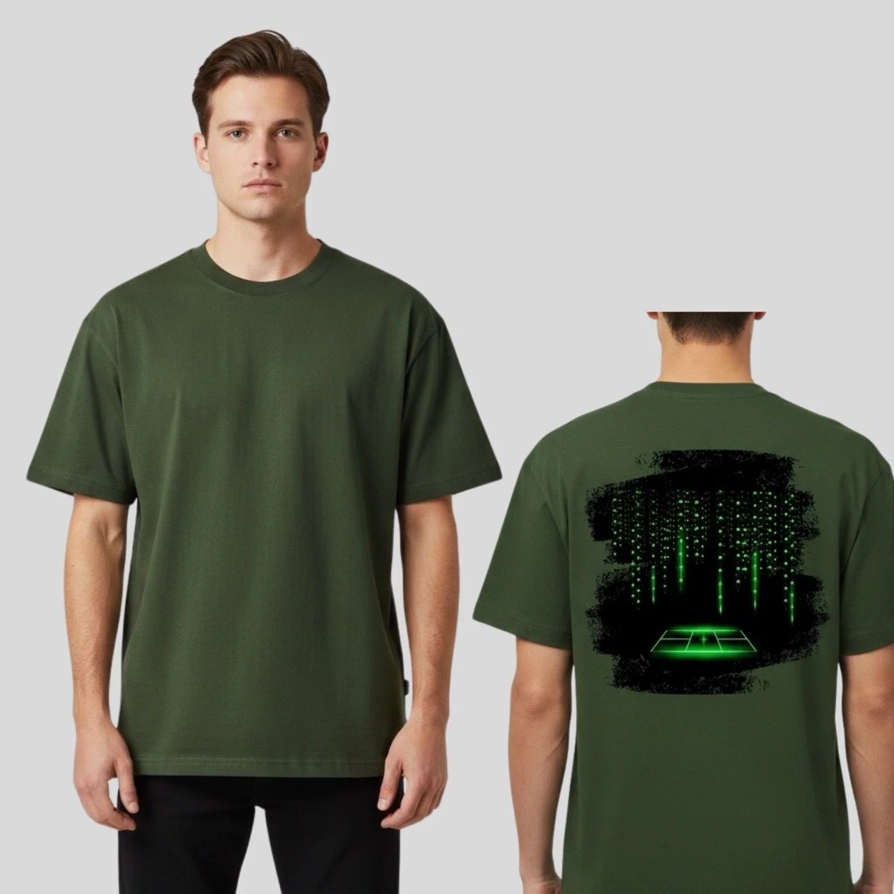 A model wearing a green classic Matrix Pickleball T-shirt by Pickleball Merch Aus, which features a graphic on the back, with a light grey background