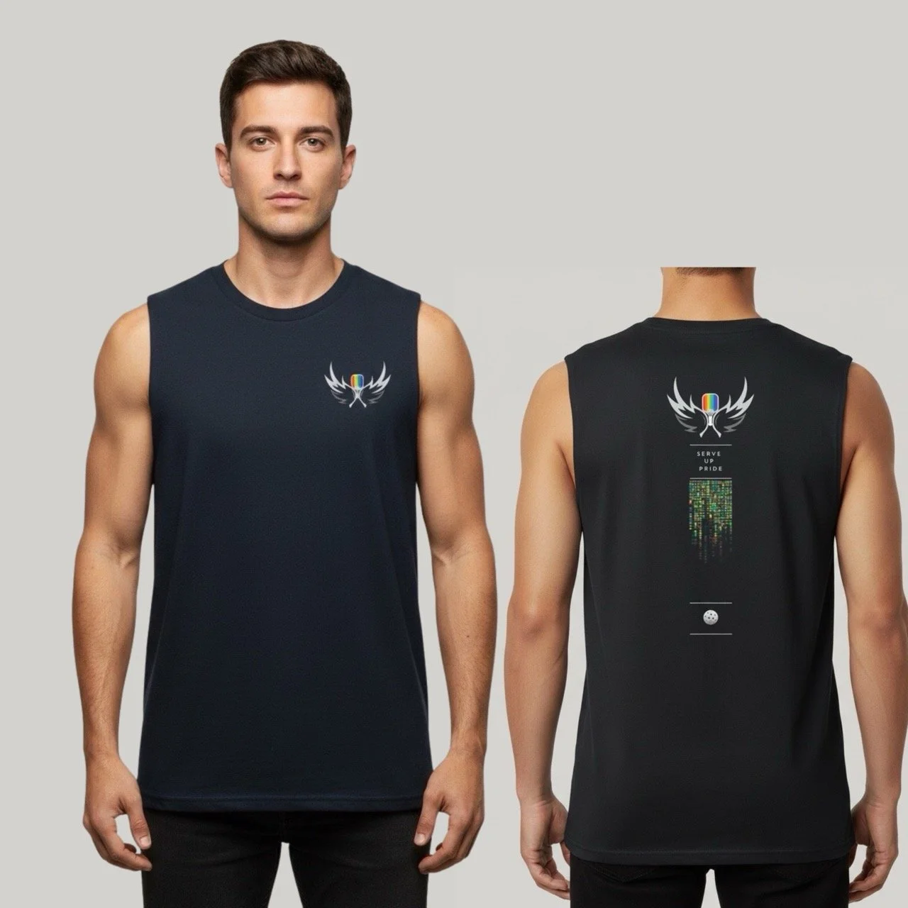 Men’s Serve Up Pride Cotton Tank | Winged Rainbow Matrix Muscle Tee