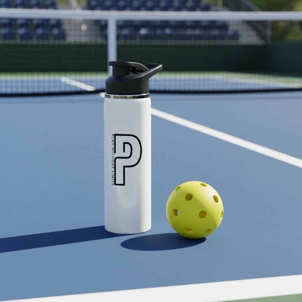 A white water bottle with a black lid and large black question mark on it, next to a yellow rubber ball with holes, on a blue tennis court.