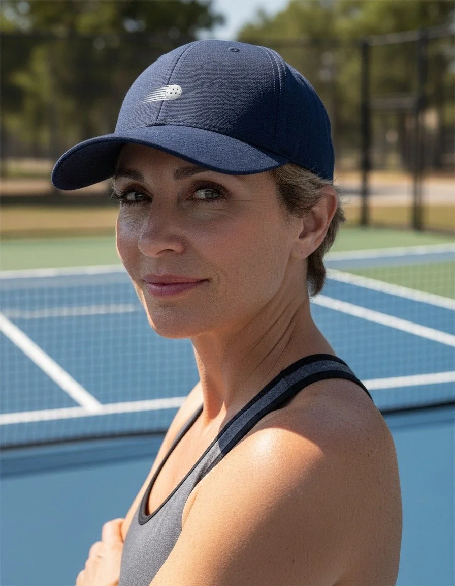 A woman wearing a blue cap and athletic tank top standing near a tennis court outdoors.