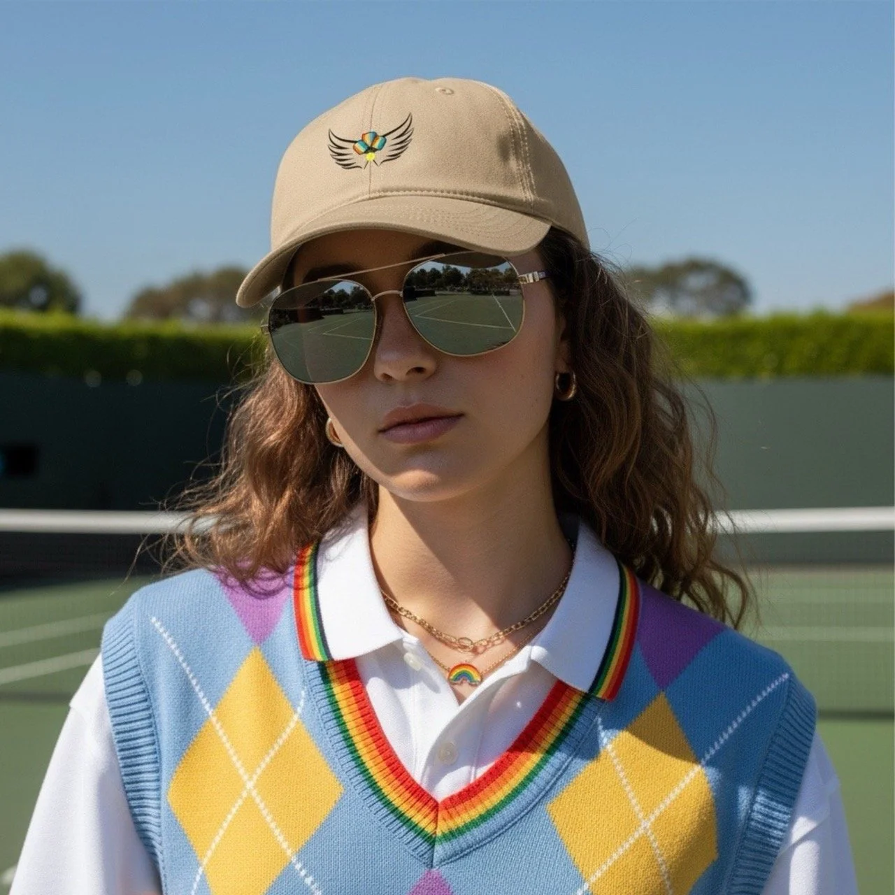 A model wearing a black Cap by Pickleball Merch Aus, which features a Pickleball graphic on the front, standing in front of a pickleball court