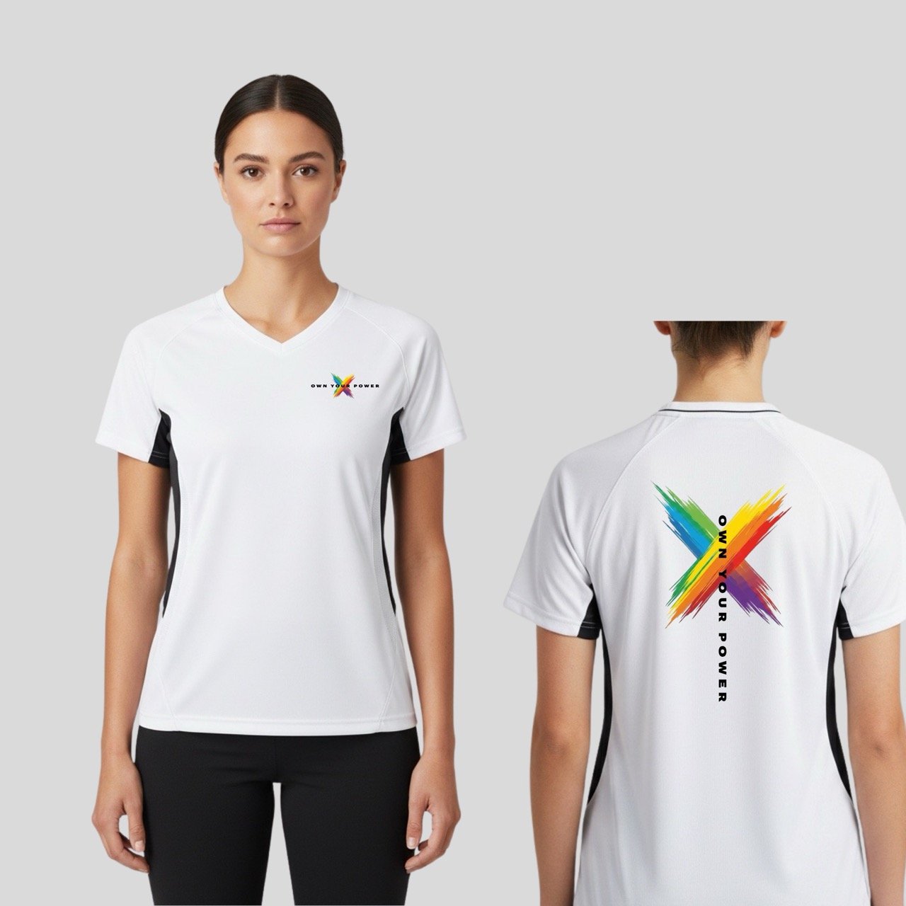 Women’s Own Your Power Performance V-Neck Tee | Rainbow Pride Edition
