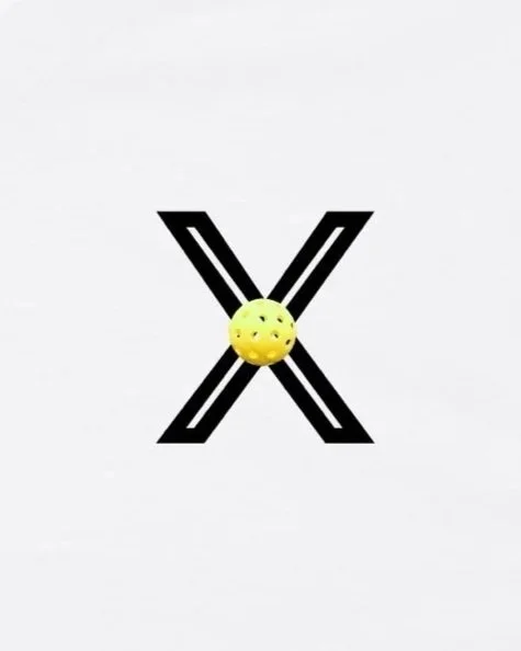 Black stylized letter X with a yellow ping pong ball at the center on a white background.