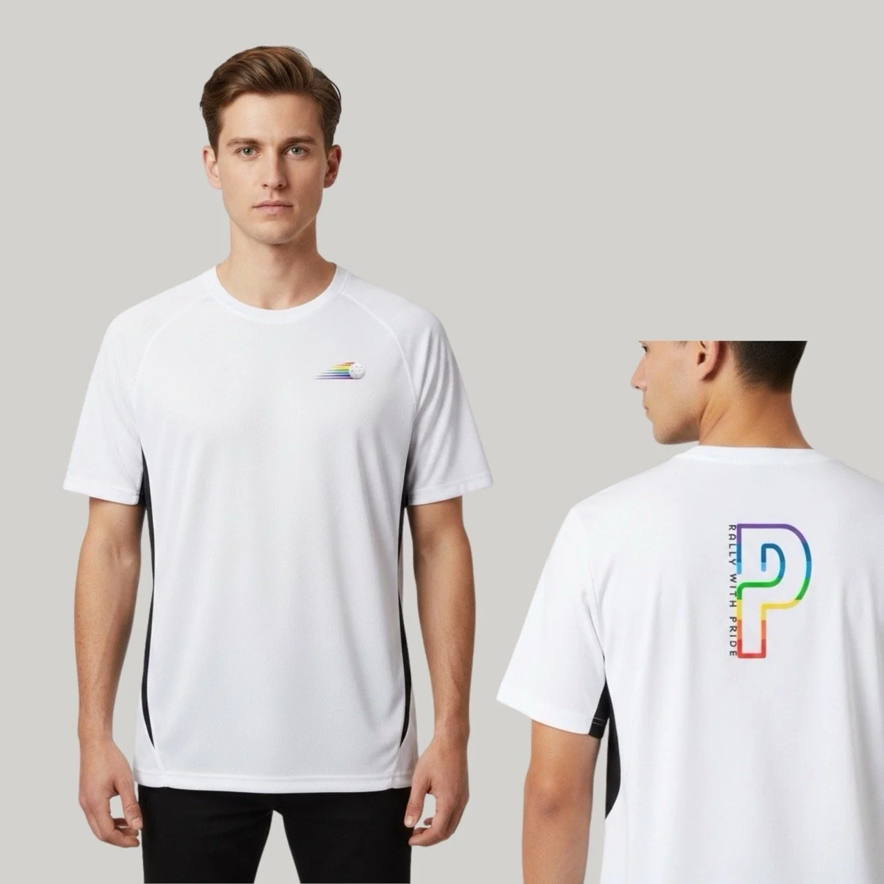Men’s Rally with Pride Performance Tee | Rainbow Edition (Contrasting Obliques)