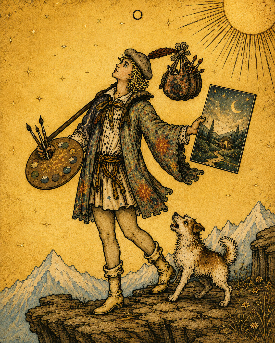 The Fool from tarot reimagined as an artist. representing Creating the Fool’s Journey, with paints, brushes and a dog by their side.