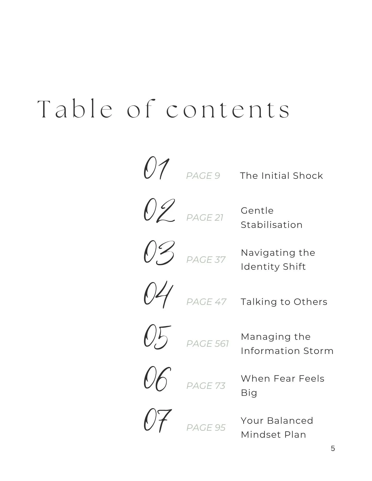 Table of contents page with numbered chapters and page references, for the book titled 'Finding Steadiness after a breast cancer diagnosis: A structured psychological workbook for the early weeks & months,' authored by Dr. Marion Roberts, PhD