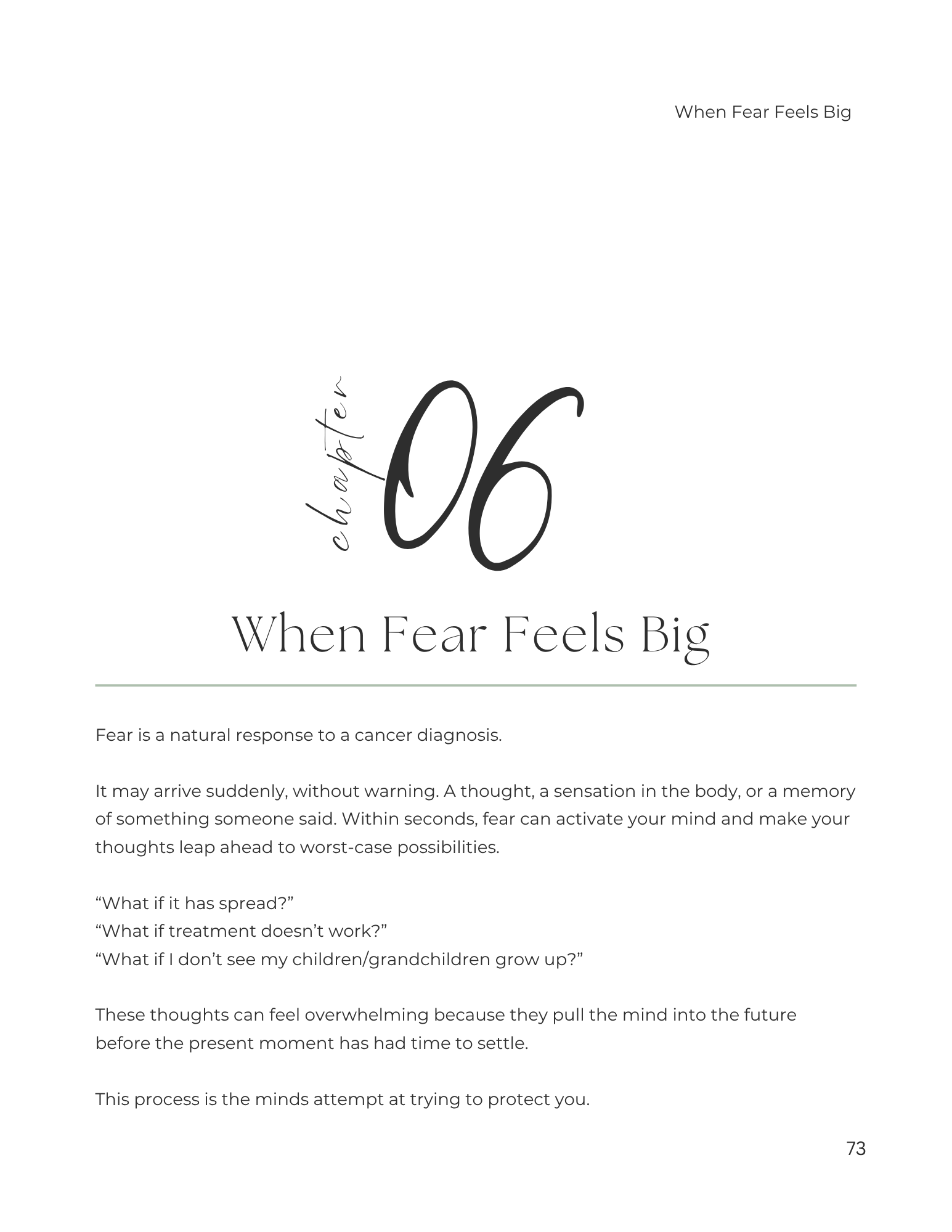 Example page from the workbook "Finding Steadiness after a breast cancer diagnosis" titled "When Fear Feels Big," subtitle about fear’s natural response to cancer diagnosis, and text explaining how fear can lead to overwhelming thoughts and feelings.