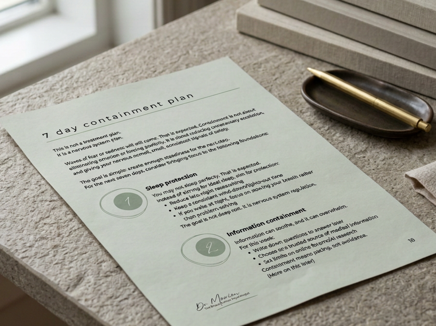 A printed 7-day containment plan designed for women with a recent breast cancer diagnosis, on a table with a pen on a small dish, surrounded by books and a window in the background.
