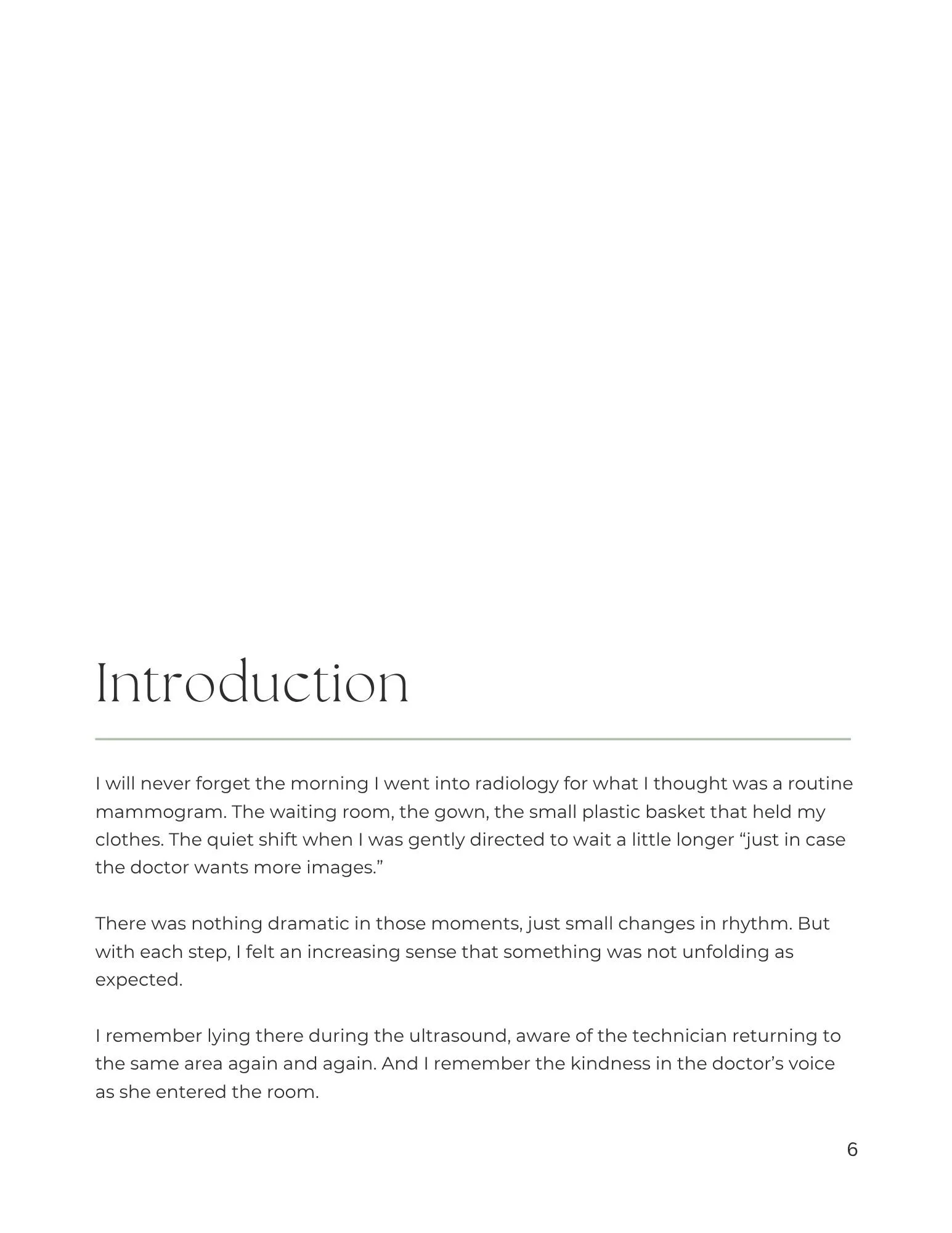 Example page from book "Finding Steadiness after a breast cancer diagnosis" titled 'Introduction' with text about a medical experience involving radiology, waiting room, gown, plastic basket, and ultrasound procedure.