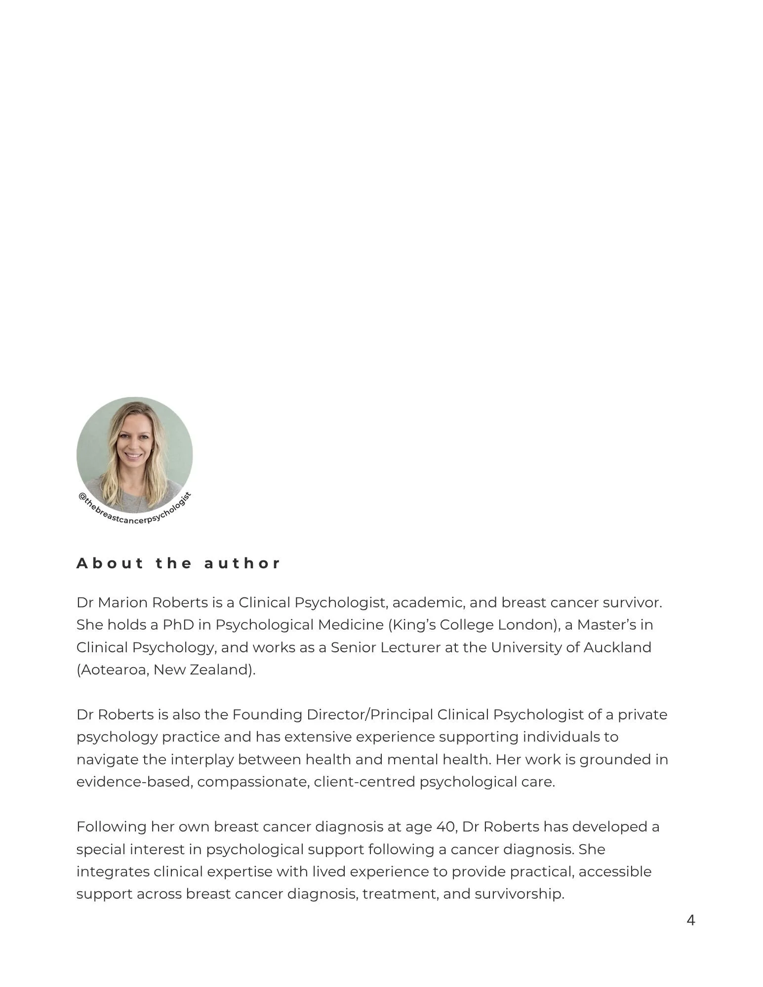 A professional headshot of Dr. Marion Roberts, with the instagram handle @thebreastcancerpsychologist visible below her photo. The page contains text about her background and expertise in psychology and breast cancer survivorship.