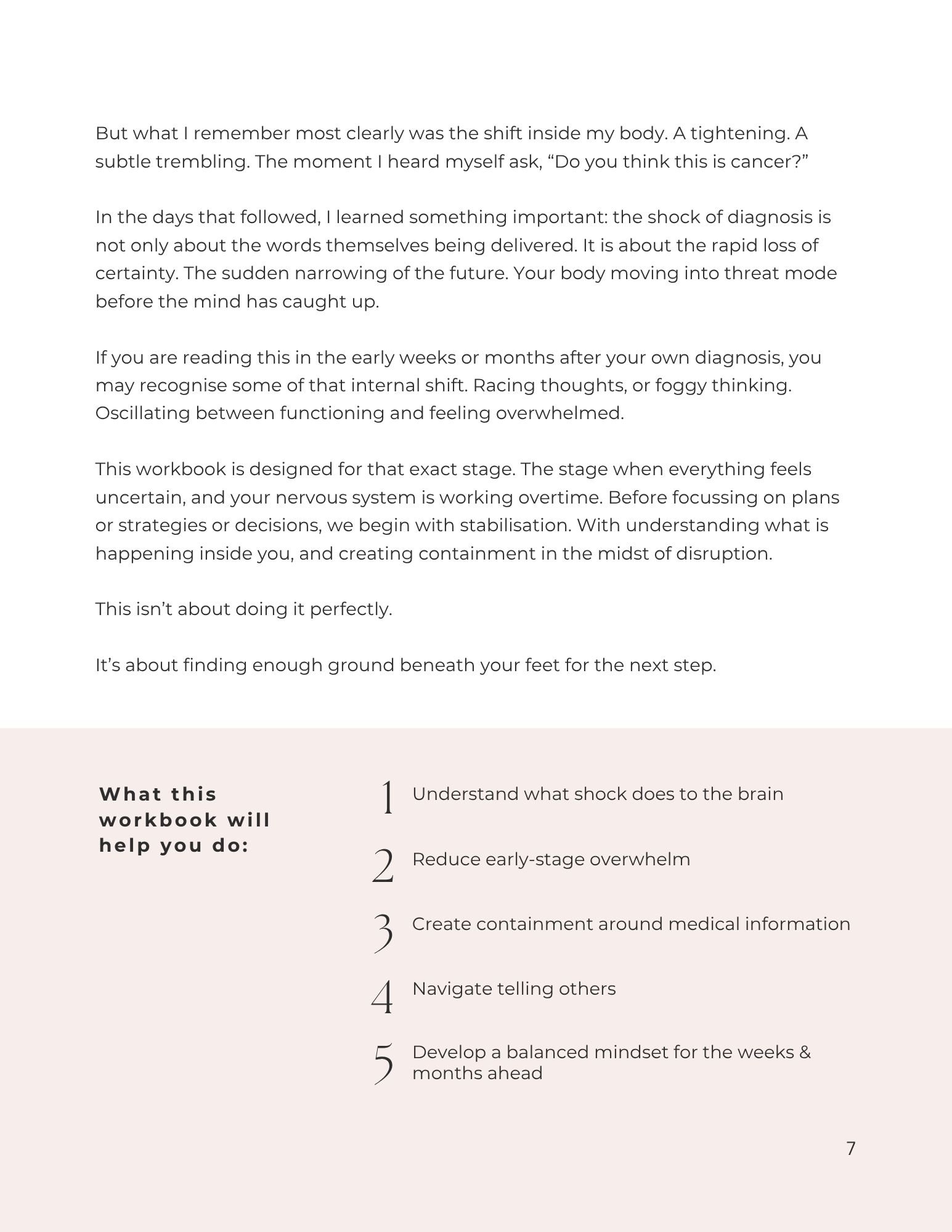 Example page from workbook with information on internal psychological shifts and coping strategies during diagnosis. Includes a topics such as understanding shock, reducing overwhelm, creating containment, communicating, and future planning.