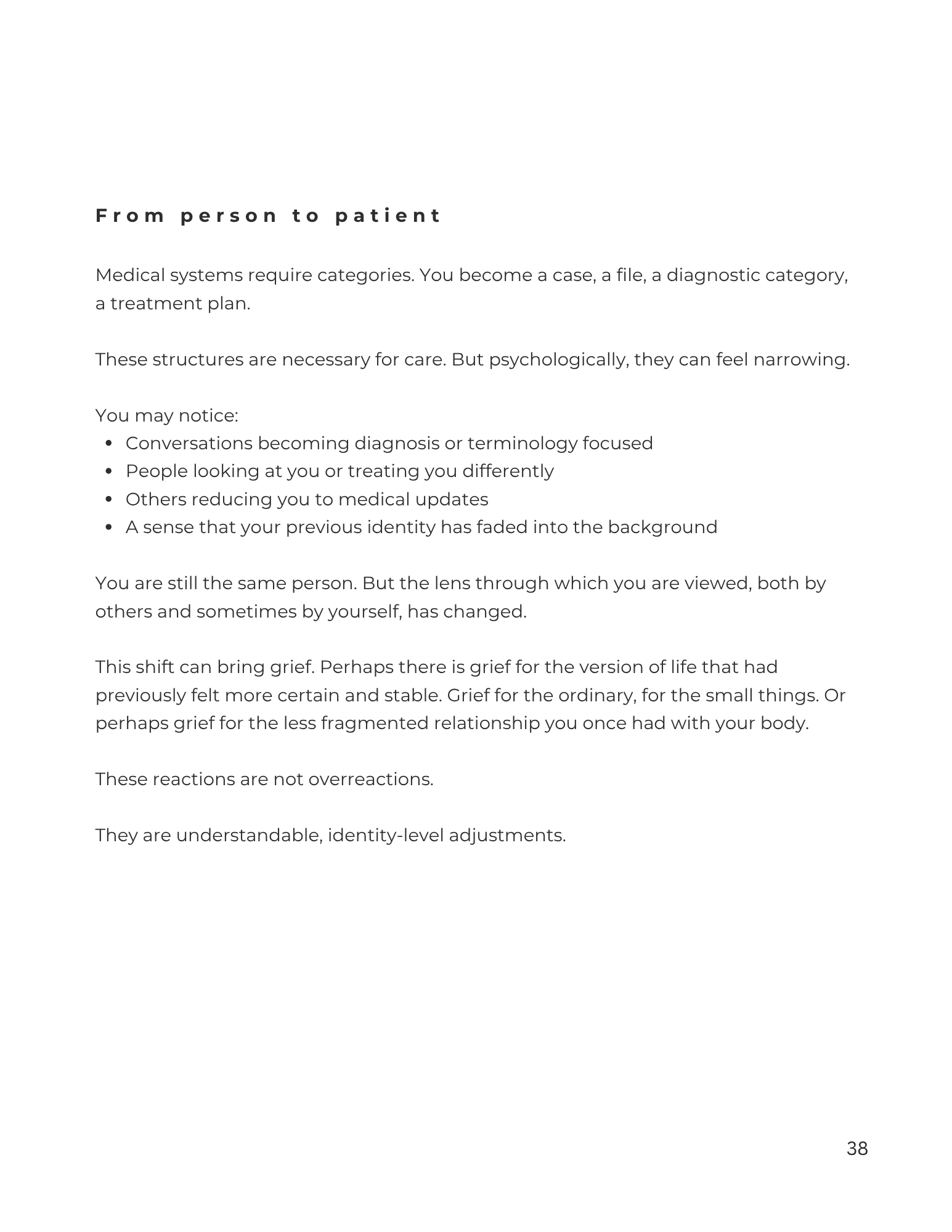 Example page from the workbook "Finding Steadiness after a breast cancer diagnosis" titled "From person to patient" discussing medical and psychological structures, perceptions, and identity adjustments.
