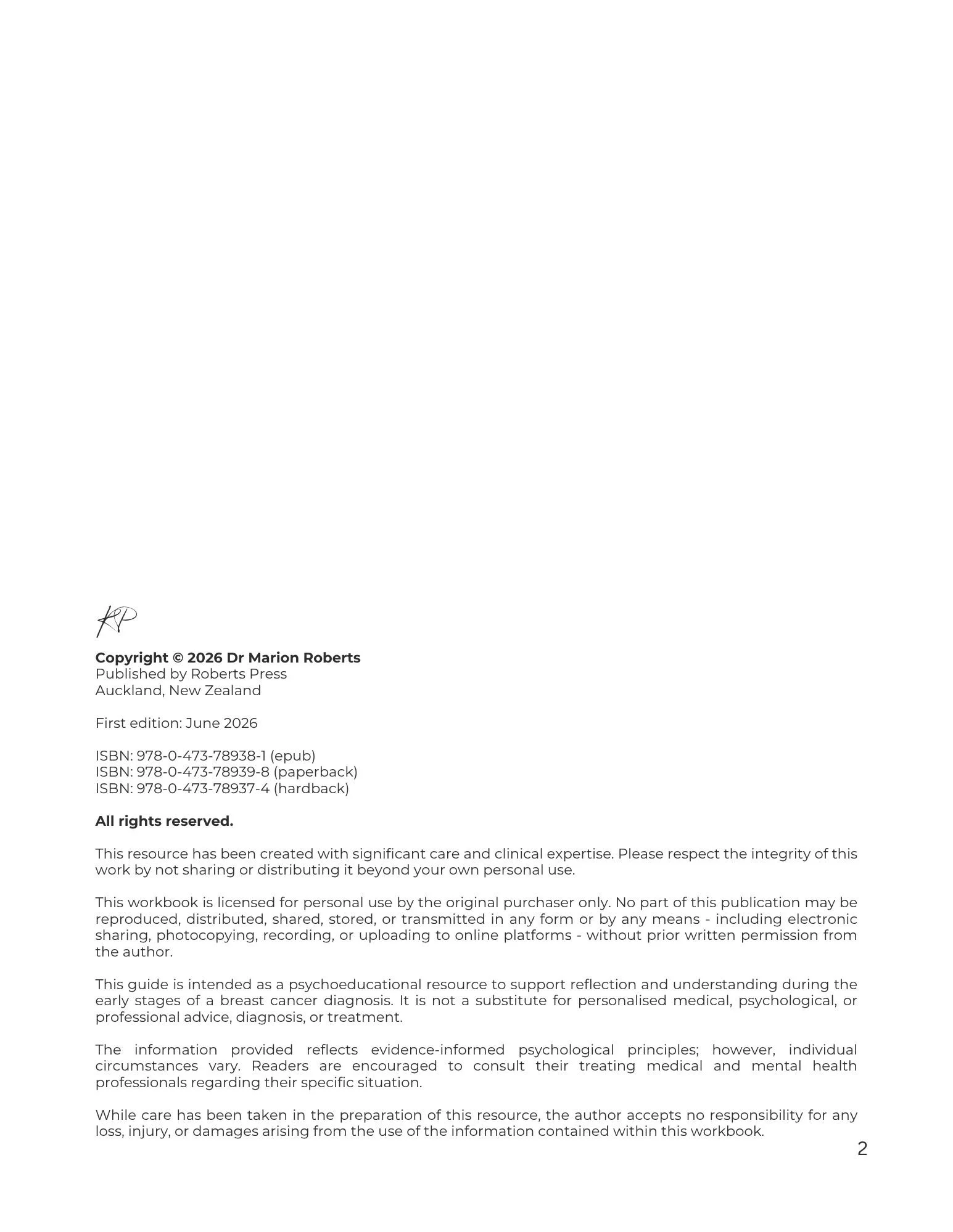 Copyright page for the book titled 'Finding Steadiness after a breast cancer diagnosis: A structured psychological workbook for the early weeks & months,' authored by Dr. Marion Roberts, PhD, with ISBN details and copyright notice.