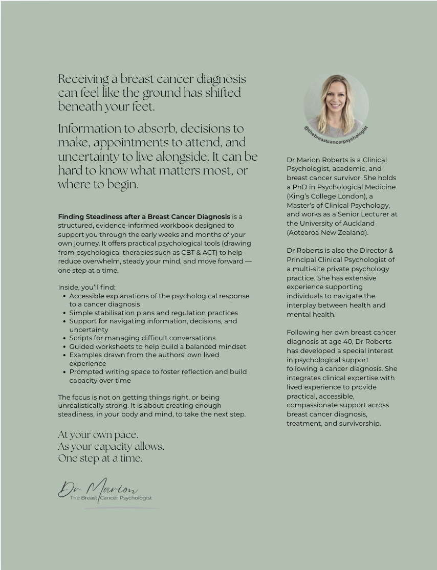 Back book cover from "Finding Steadiness after a breast cancer diagnosis" by Dr. Marion Roberts. It includes her photo, credentials, and a summary of topics: managing psychological health and building resilience through practical tools and support.