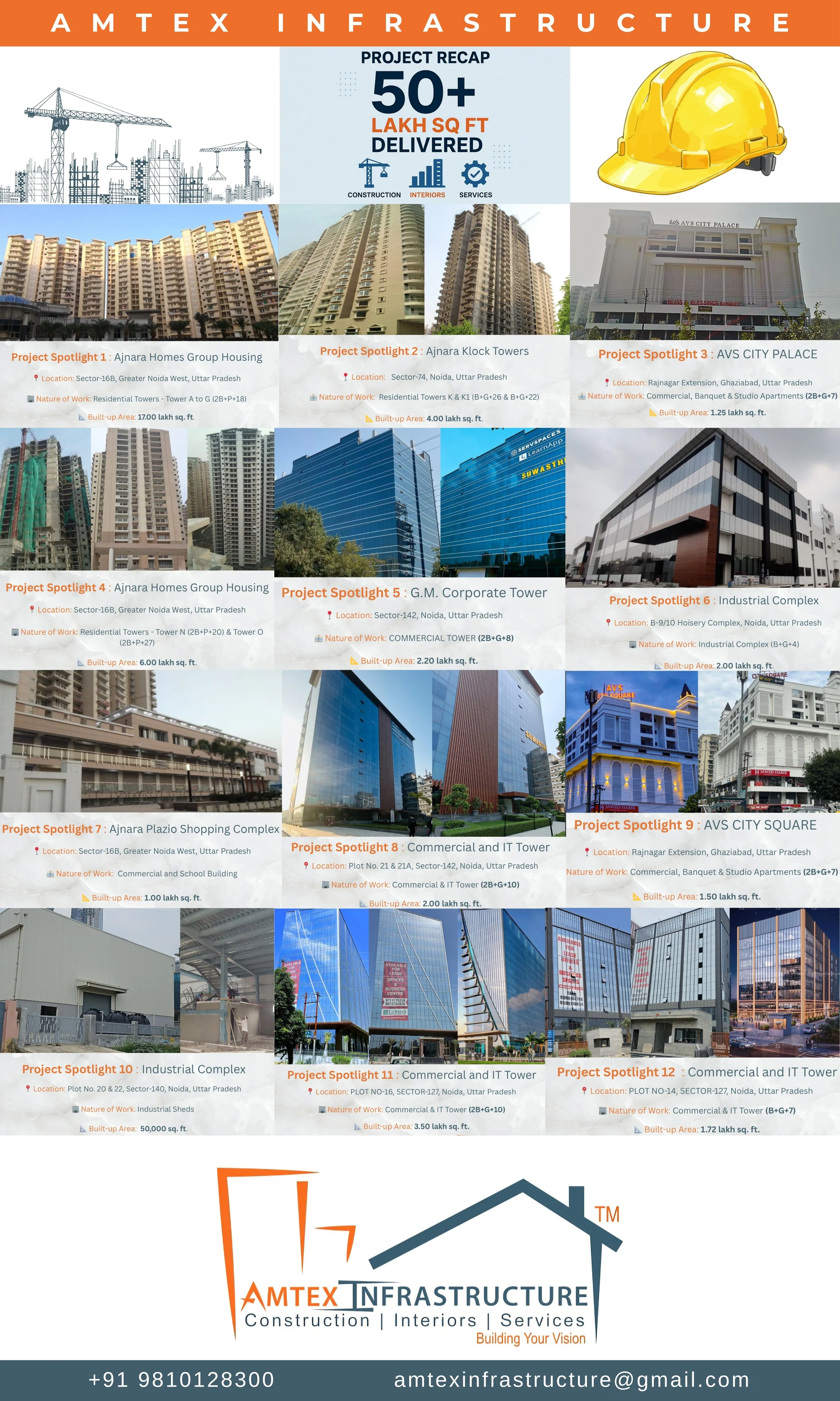 A detailed infographic showcasing various construction projects by Amtex Infrastructure, including residential, commercial, and industrial buildings with project details and images.