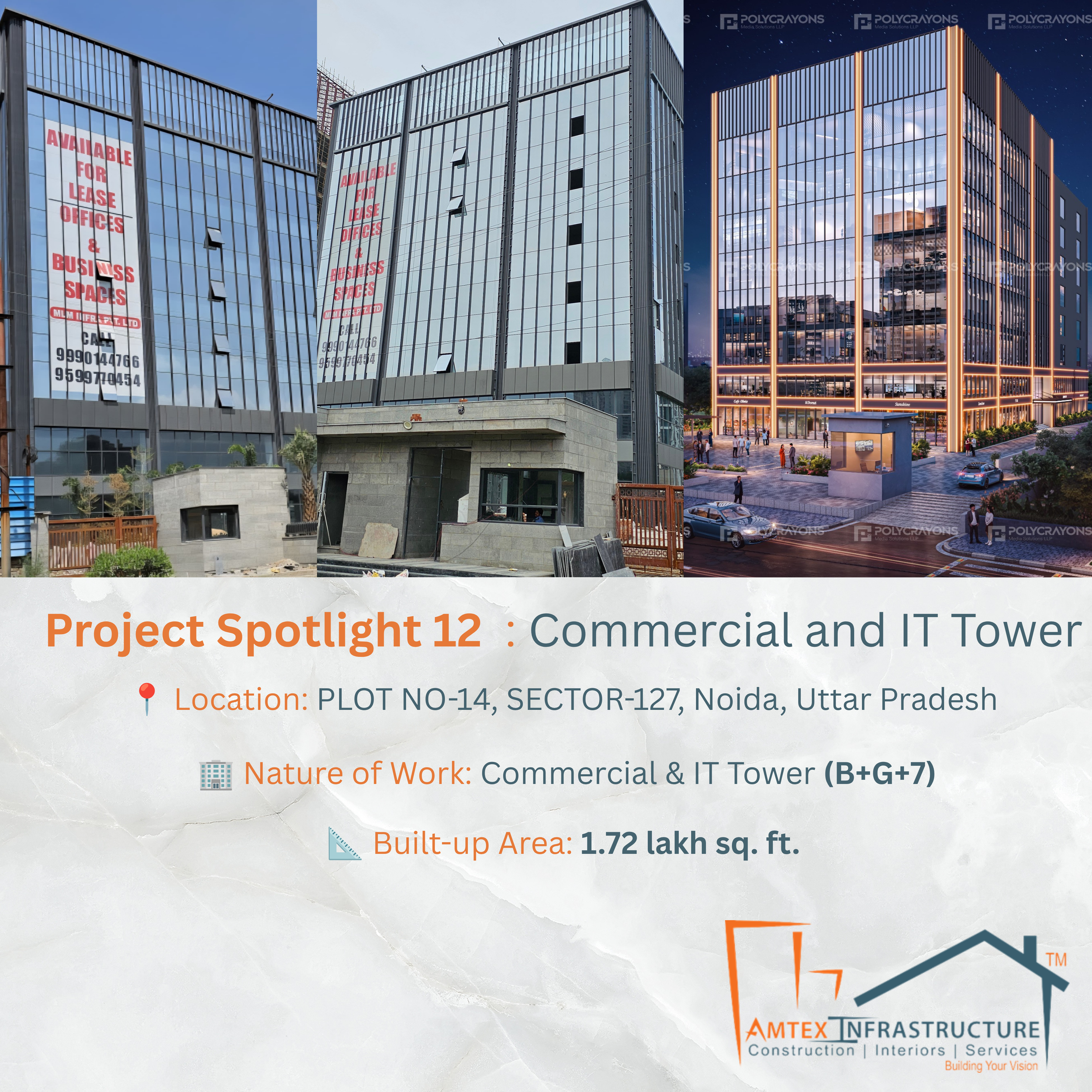 Three images of modern commercial and IT towers: the first shows a high-rise building with a glass facade and a sign for lease, the second depicts a completed glass tower with a sleek design at night, and the third features a digital rendering of a future building with orange accents and a landscaped plaza, with text overlay describing project details and company information.