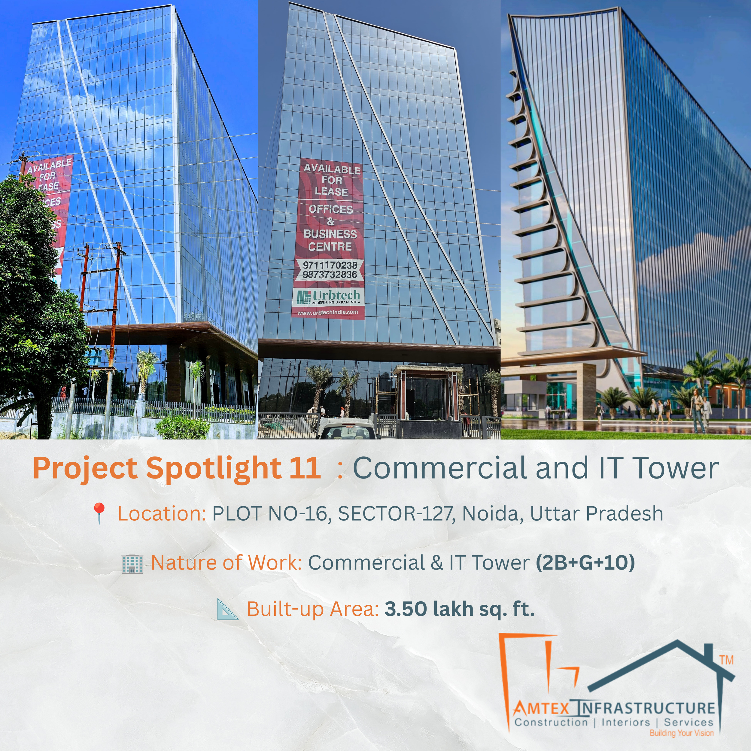 Images of three modern glass office buildings under construction, with cranes and construction activity visible at the site. The buildings are part of the 'Commercial and IT Tower' project located in Noida, Uttar Pradesh.