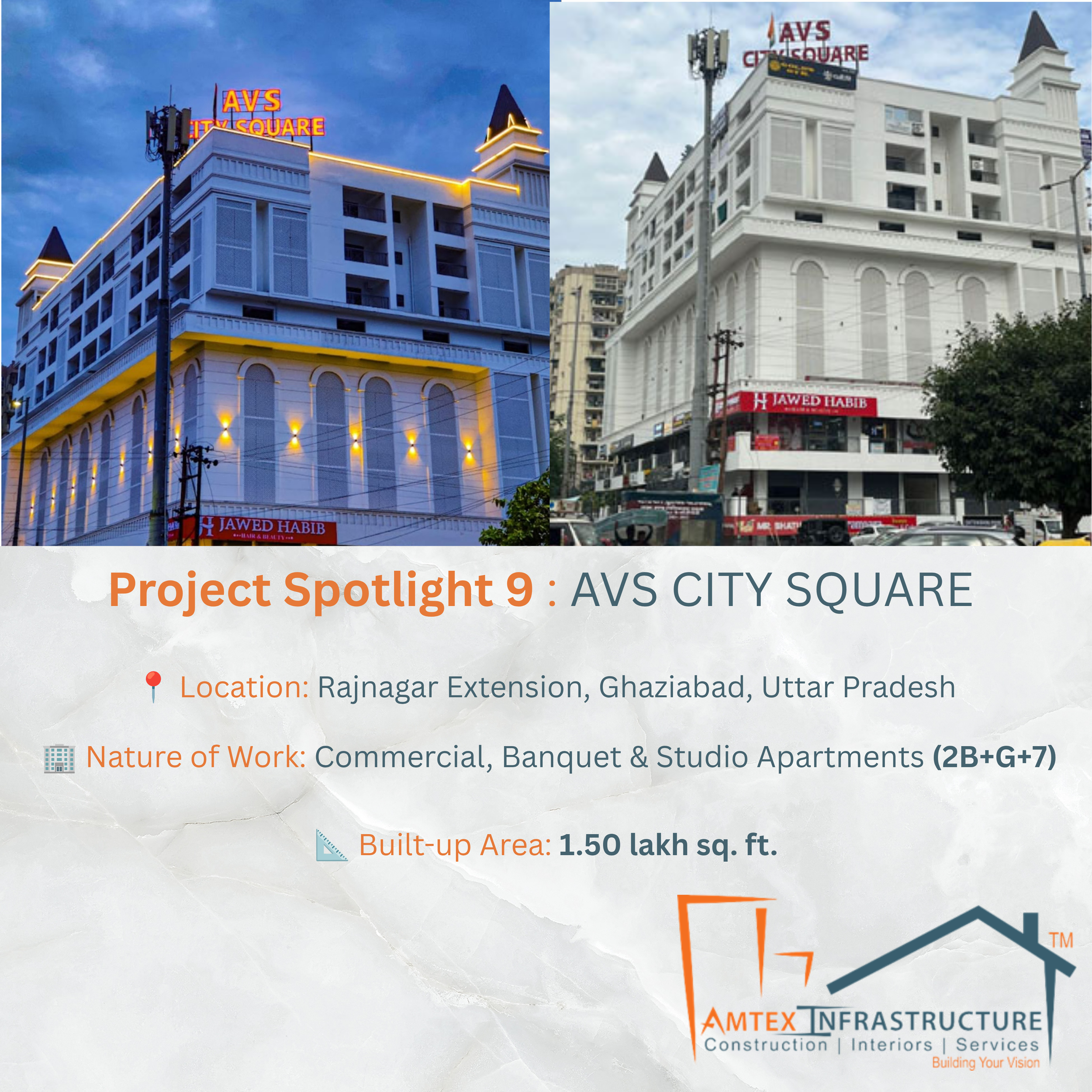 Side-by-side comparison of two buildings at AVS City Square. The left building is modern with decorative lighting and a neon sign, while the right building is white with a more traditional design. Both buildings have the AVS City Square sign on top.