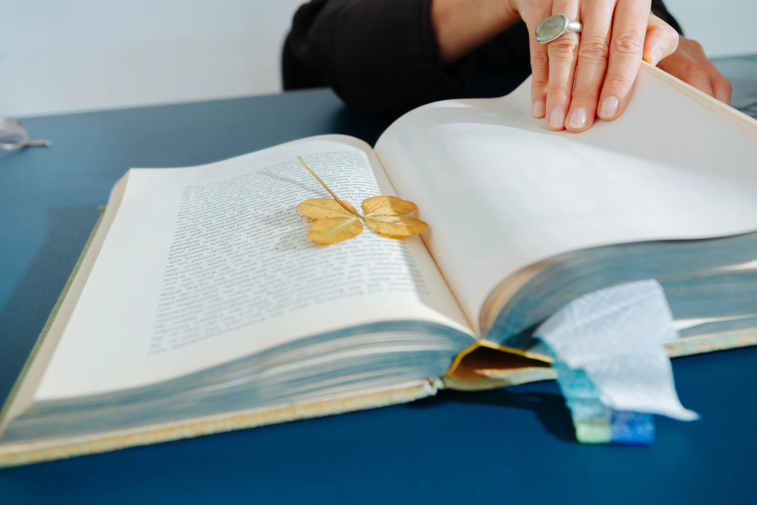 Nahaufnahme eines offenen Buches auf einem schwarzen Tisch, eine Person blättert darin, mit einer Silberring am Finger. Auf der Seite liegt ein getrocknetes, gelbes Blatt.