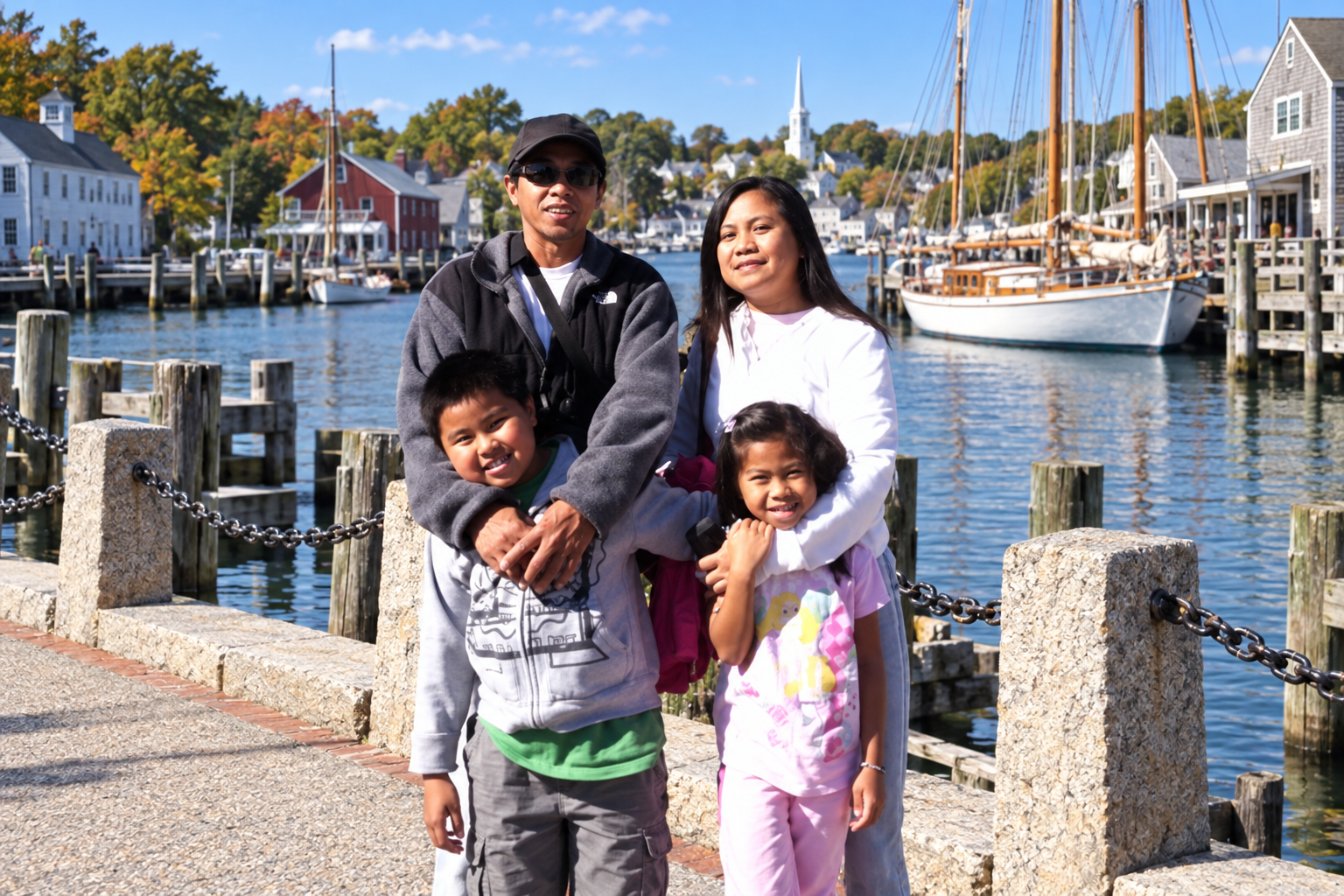 AI-edited composite of our family from a 2011 Vermont photograph against a Mystic-inspired Connecticut waterfront background.