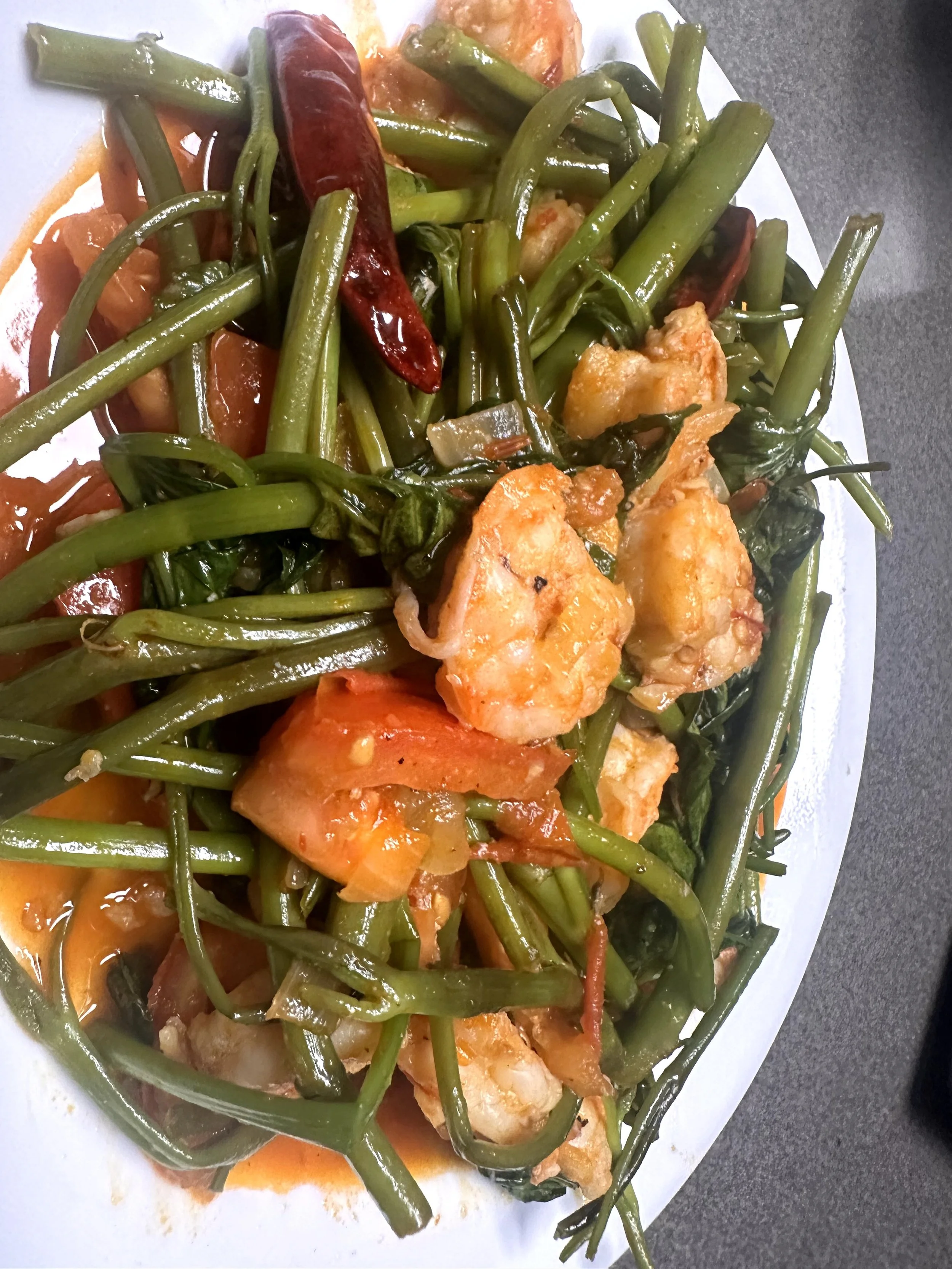 Kangkung Belachan with Shrimp &amp; Tomatoes