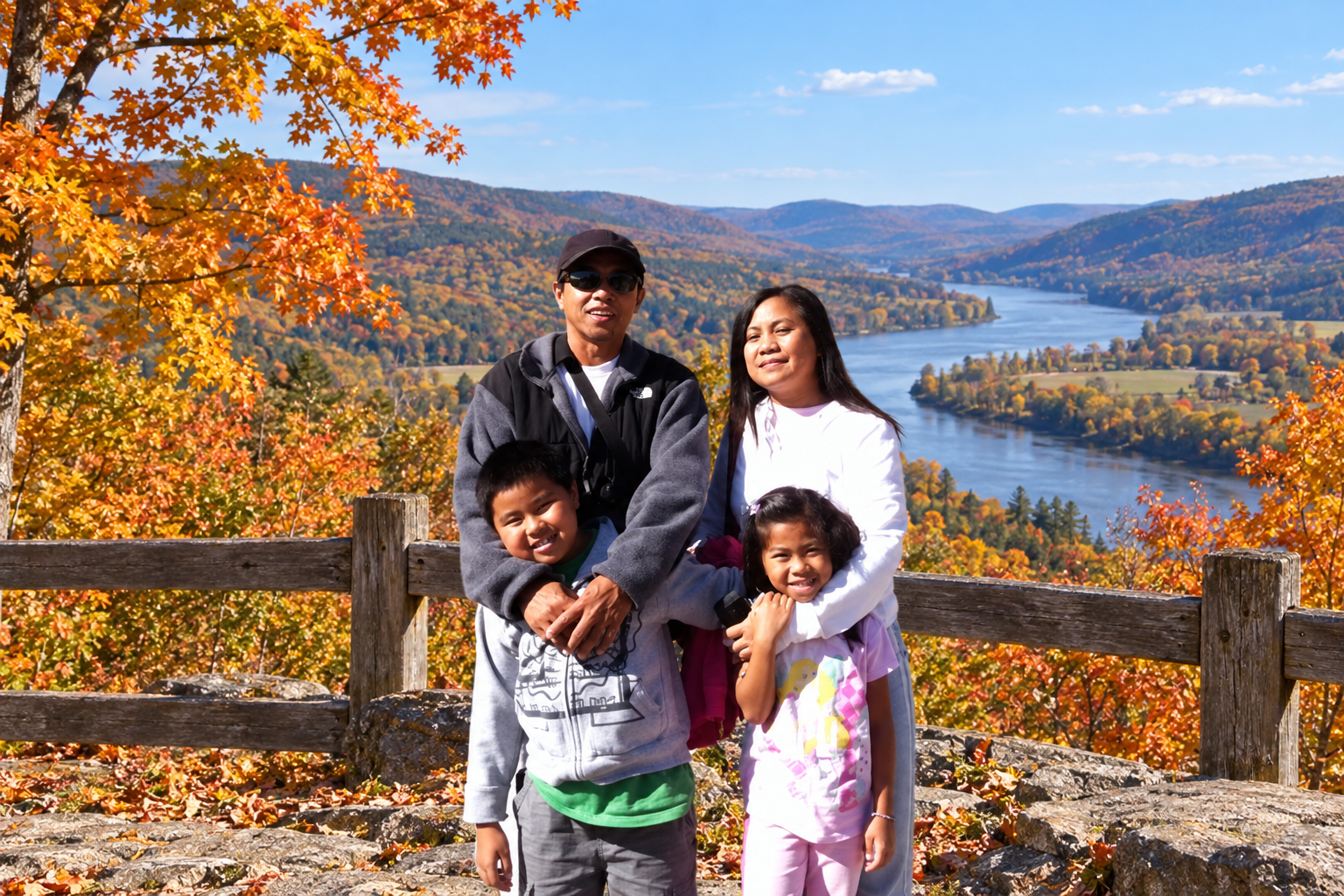 AI-edited composite of our family from a 2011 Vermont photograph with an autumn Connecticut River valley setting.