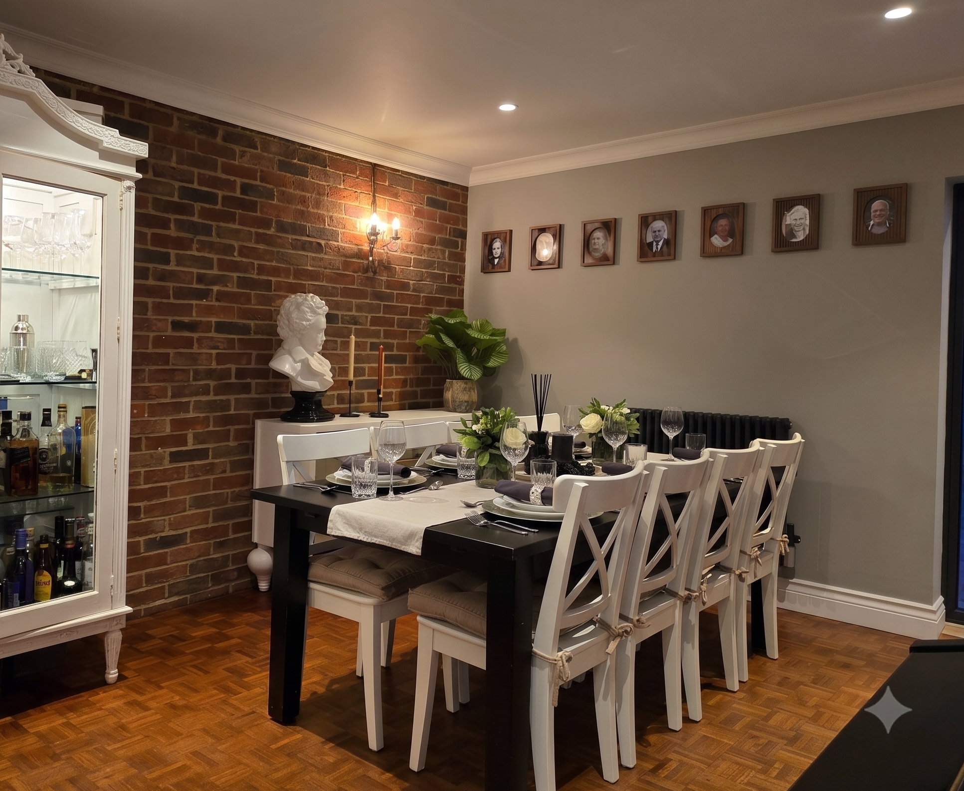 A dining room with a grid-patterned wooden floor, a black dining table with white chairs, a white cabinet on the left with glassware, a dining table centerpiece with white flowers, and framed black and white photographs on the wall. There is a decora