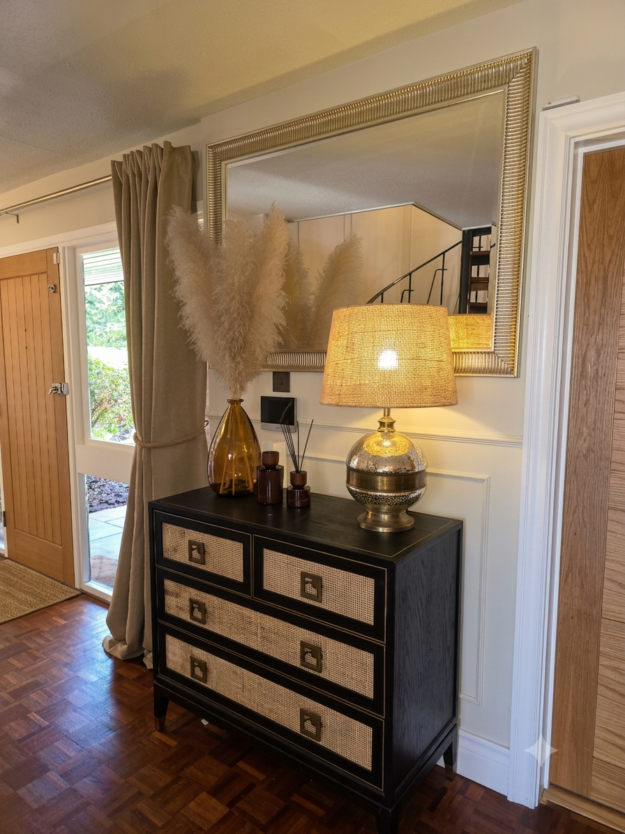A black dresser with four drawers, decorated with brown vases and a lamp, nellaure with pampas grass, is in a modern living space. There is a large wall mirror above it, and a wooden door and window with curtains on the side.