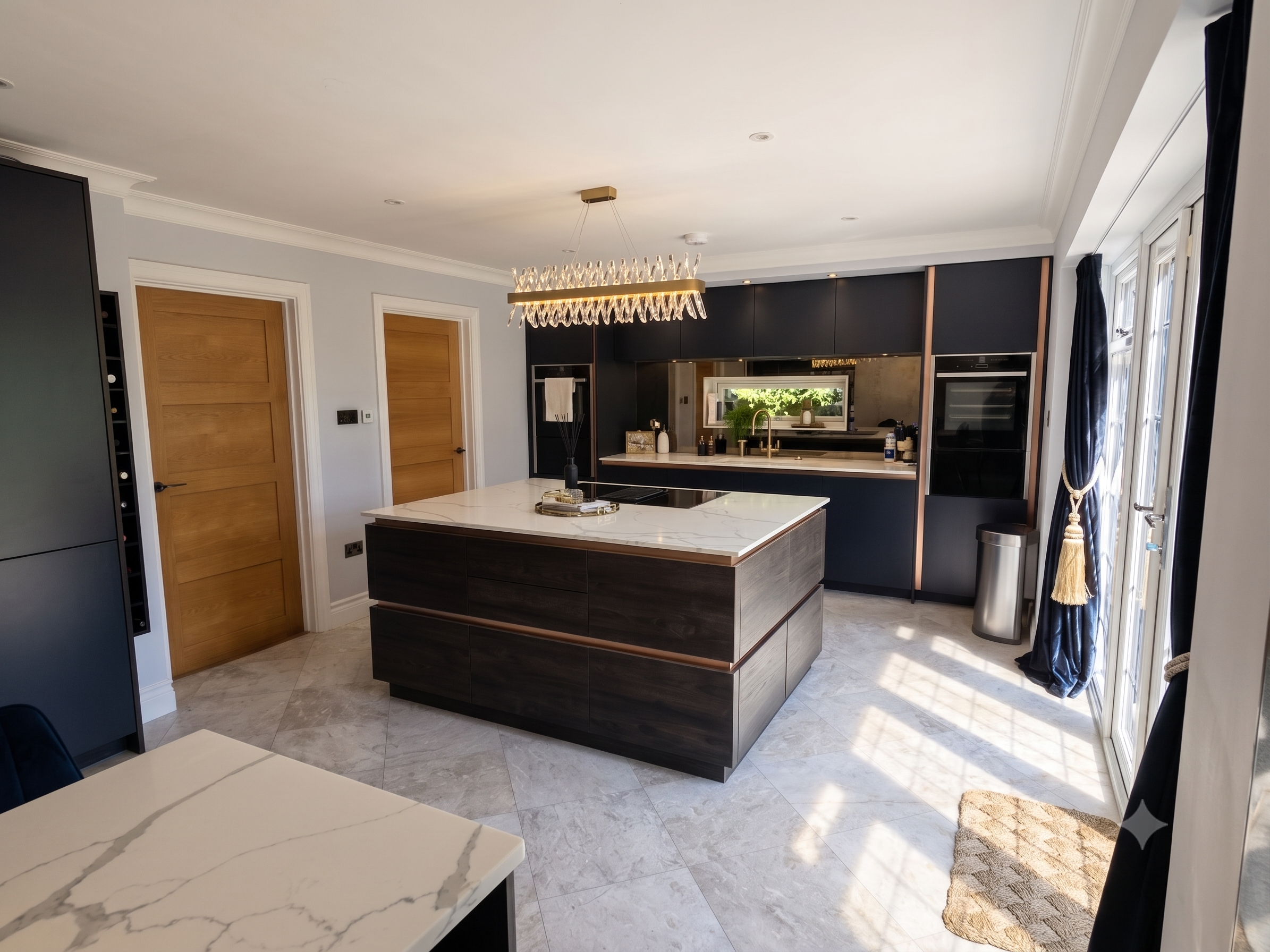 Modern kitchen with a white marble island, black cabinets, wooden doors, large window, dark curtains, and a decorative chandelier lighting fixture.