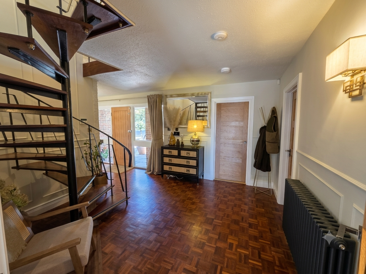 Living room with a spiral staircase, hardwood floors, a black dresser with a lamp and decorative items, a mirror, and exits to a porch and other rooms.