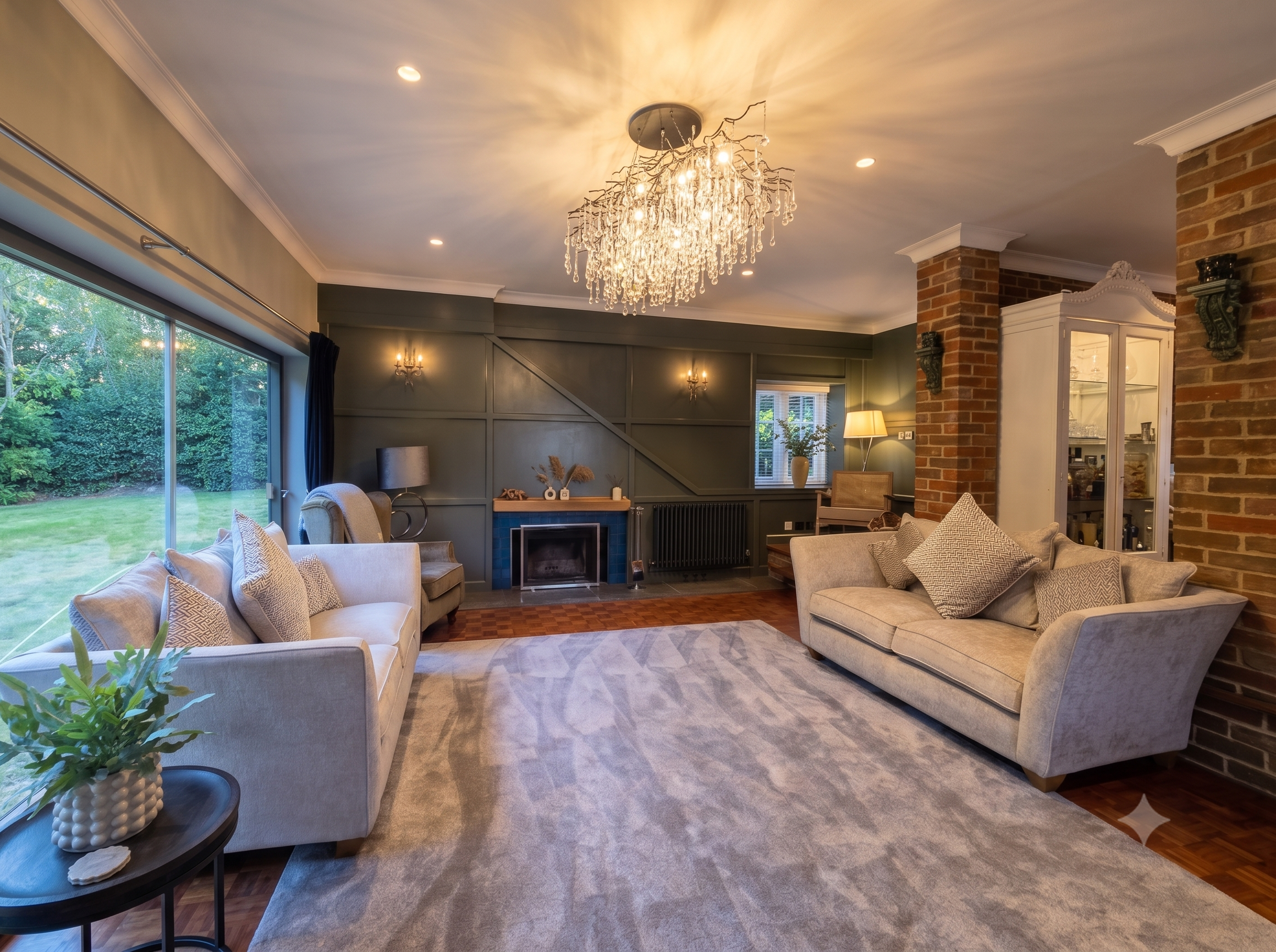 Living room with beige sofa and armchair, dark wood side table with white ceramic vase and green plant, large window with view of green backyard, blue painted wall with wall sconces, brick column, white display cabinet, and chandelier hanging from ce