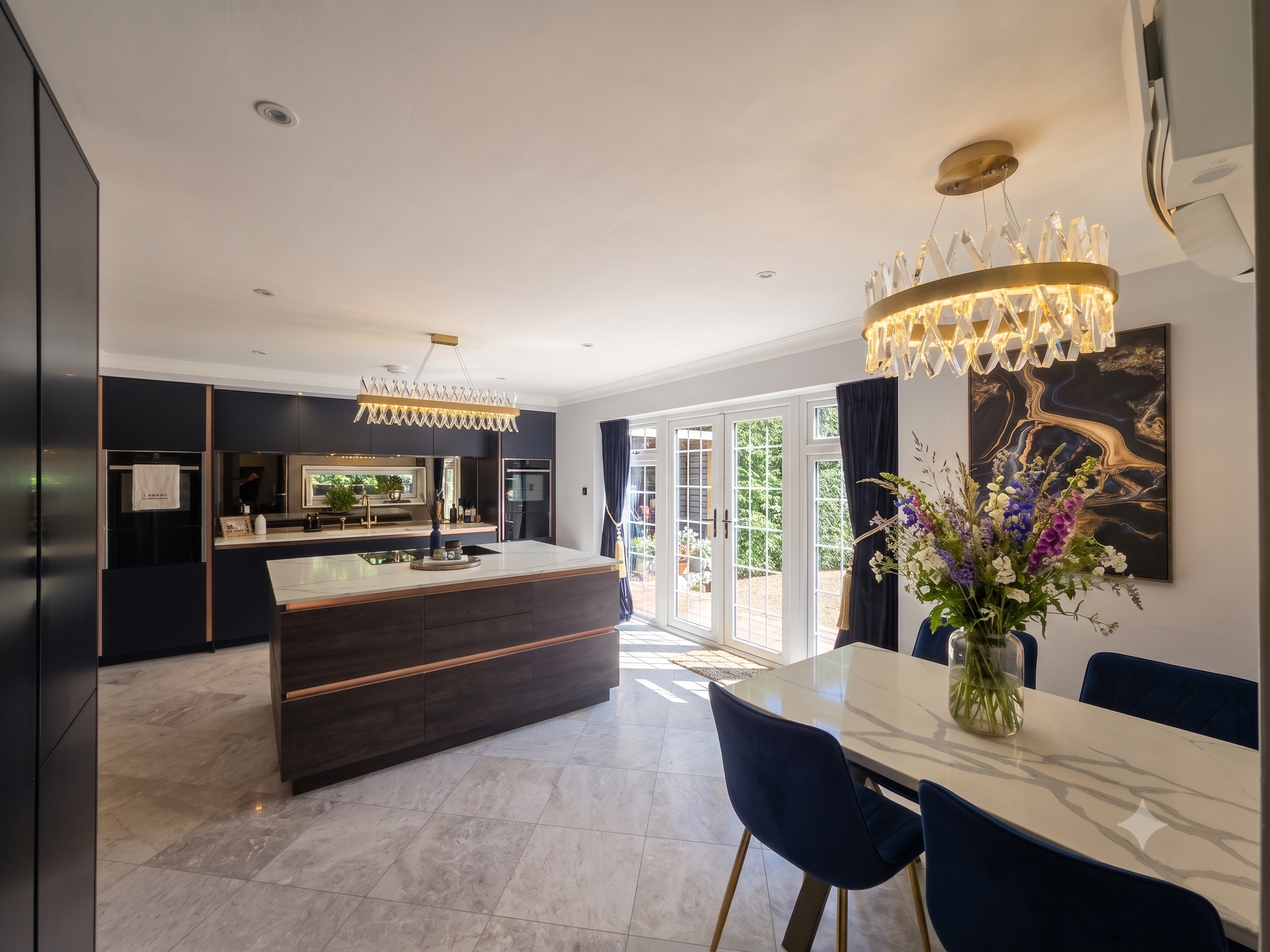 Interior view of a modern kitchen and dining area with a white marble-top table, a large vase of purple and white flowers, dark blue chairs, a black kitchen island, black cabinetry, a chandelier, and glass doors leading to an outdoor patio.