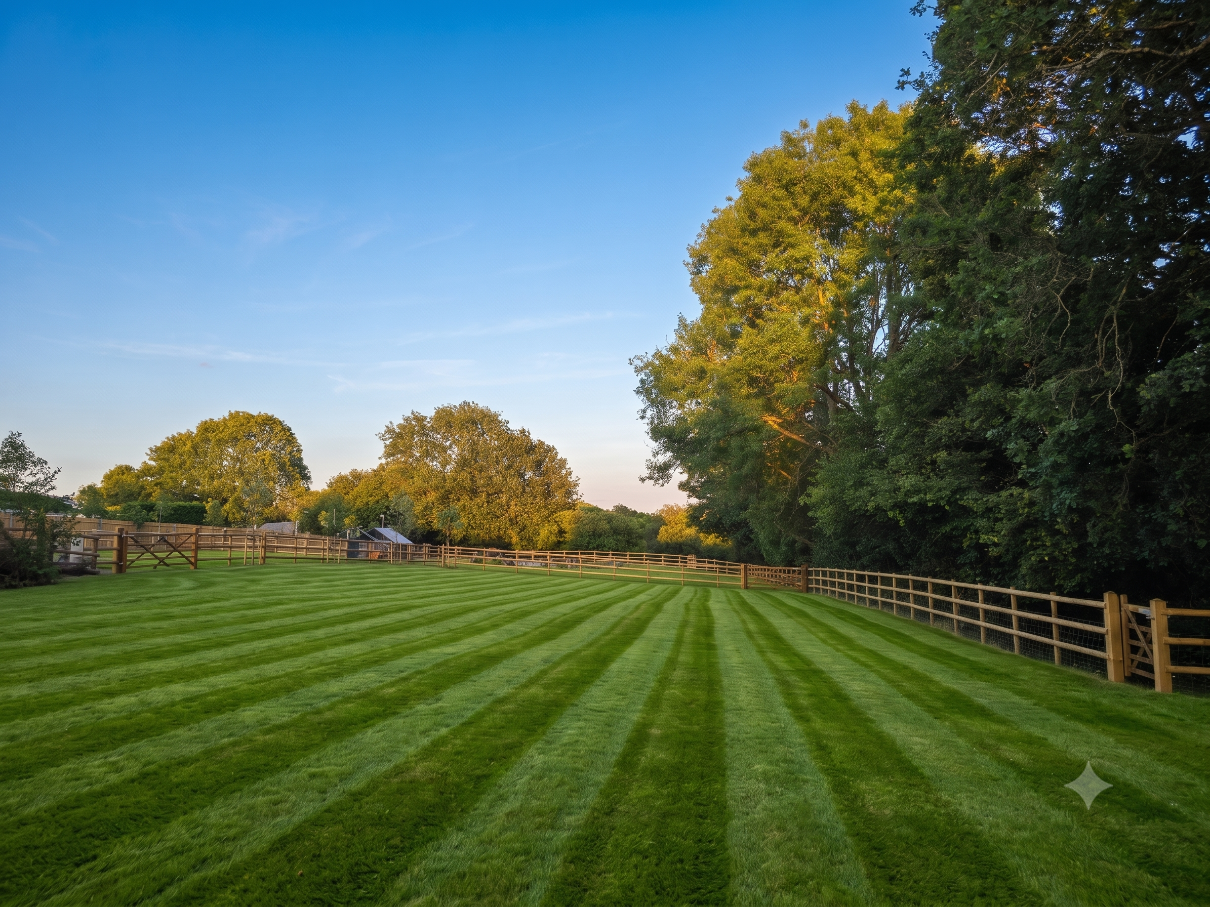 A well-maintained backyard with freshly mowed green grass, a wooden fence surrounding the yard, and tall trees with green foliage under a clear blue sky.
