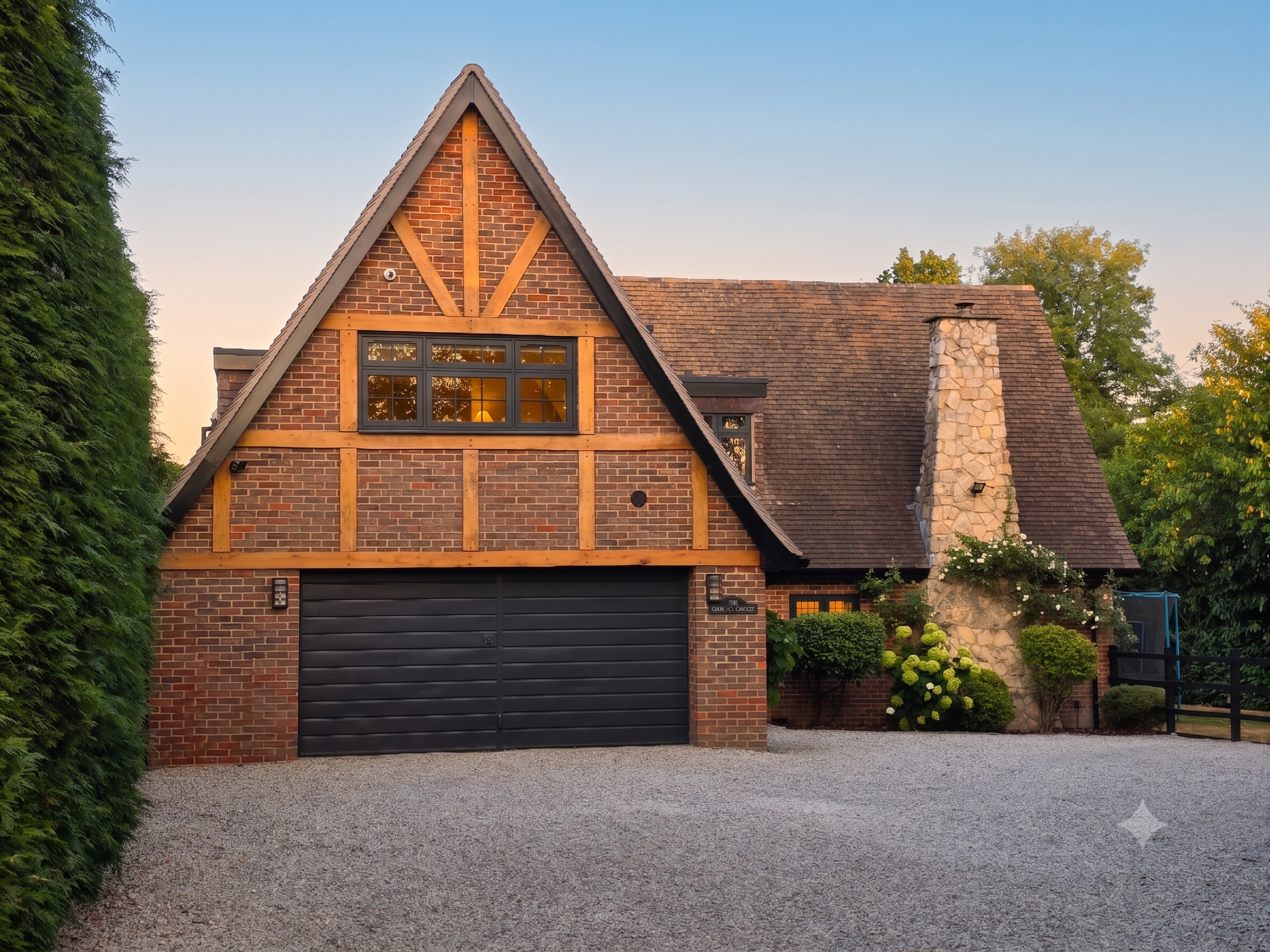 Front view of a brick house with a steeply pitched roof, a stone chimney, and large window with multiple panes, surrounded by green plants and trees during sunset.