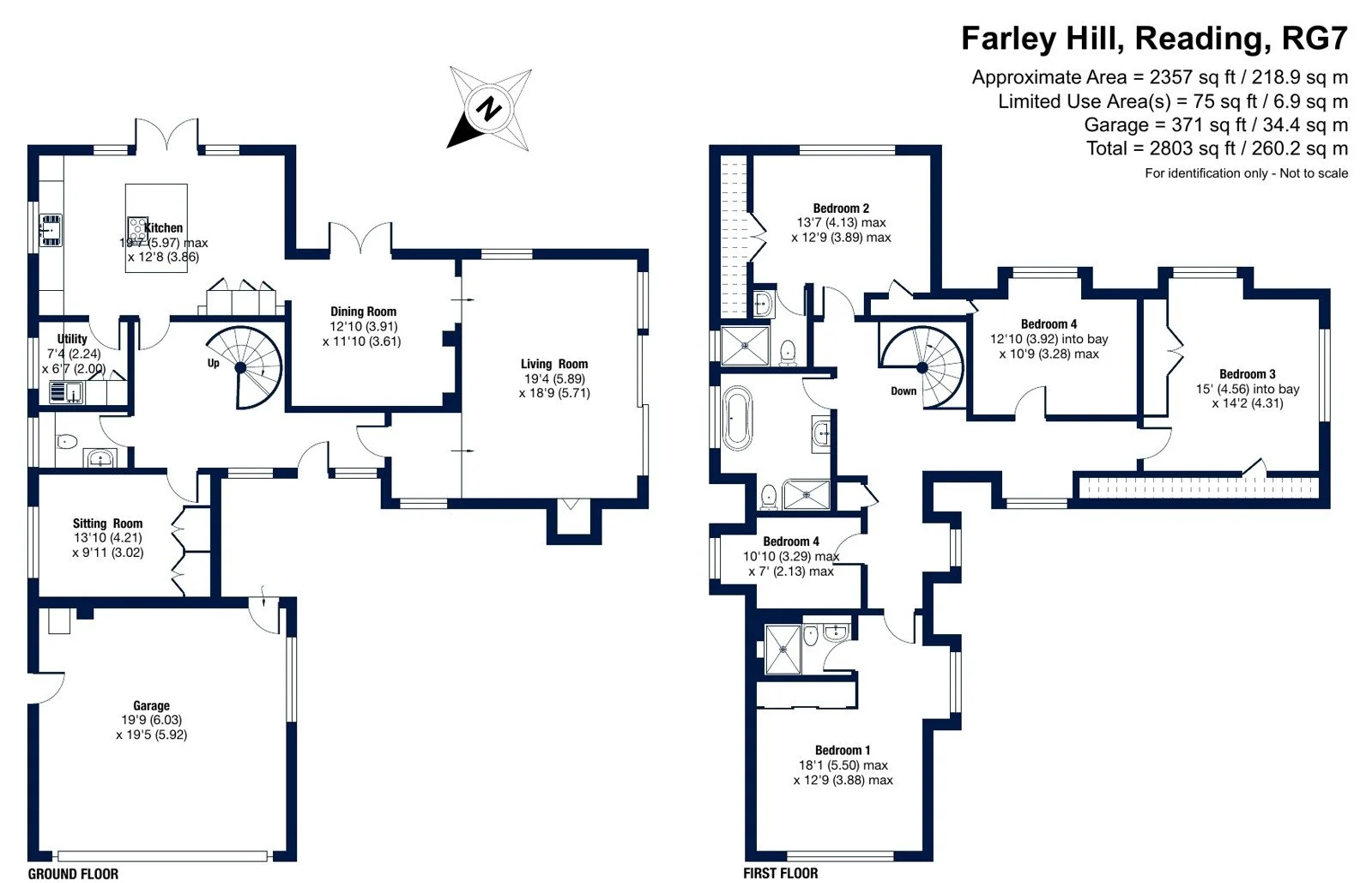 Floor plan of a two-story house named Farley Hill in Reading, RG7, showing the layout of rooms on the ground and first floors with measurements and labels.