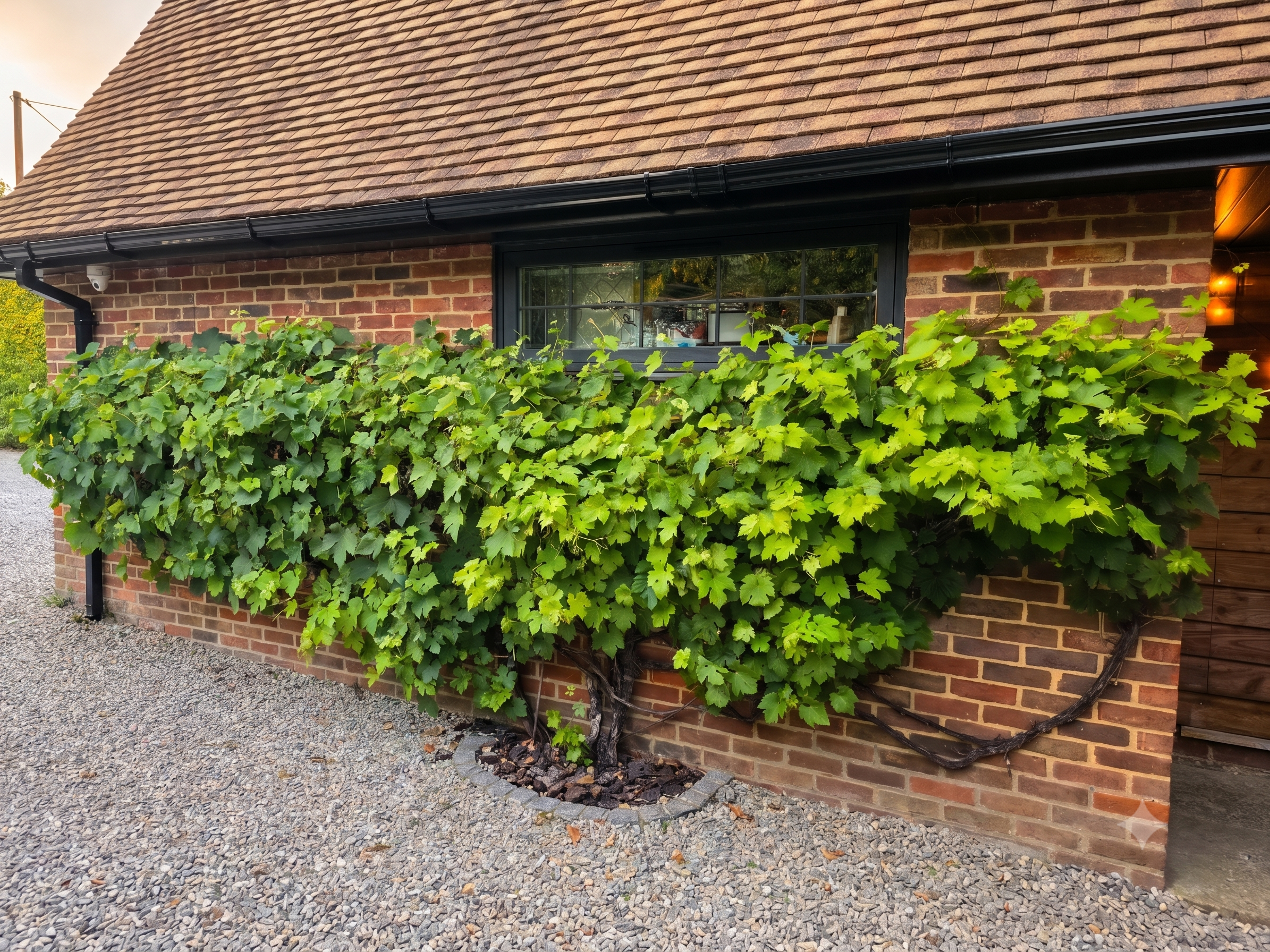 A brick house wall with a rectangular window and green grapevine leaves growing along the wall, the top part of the house has a shingled roof and a black gutter.