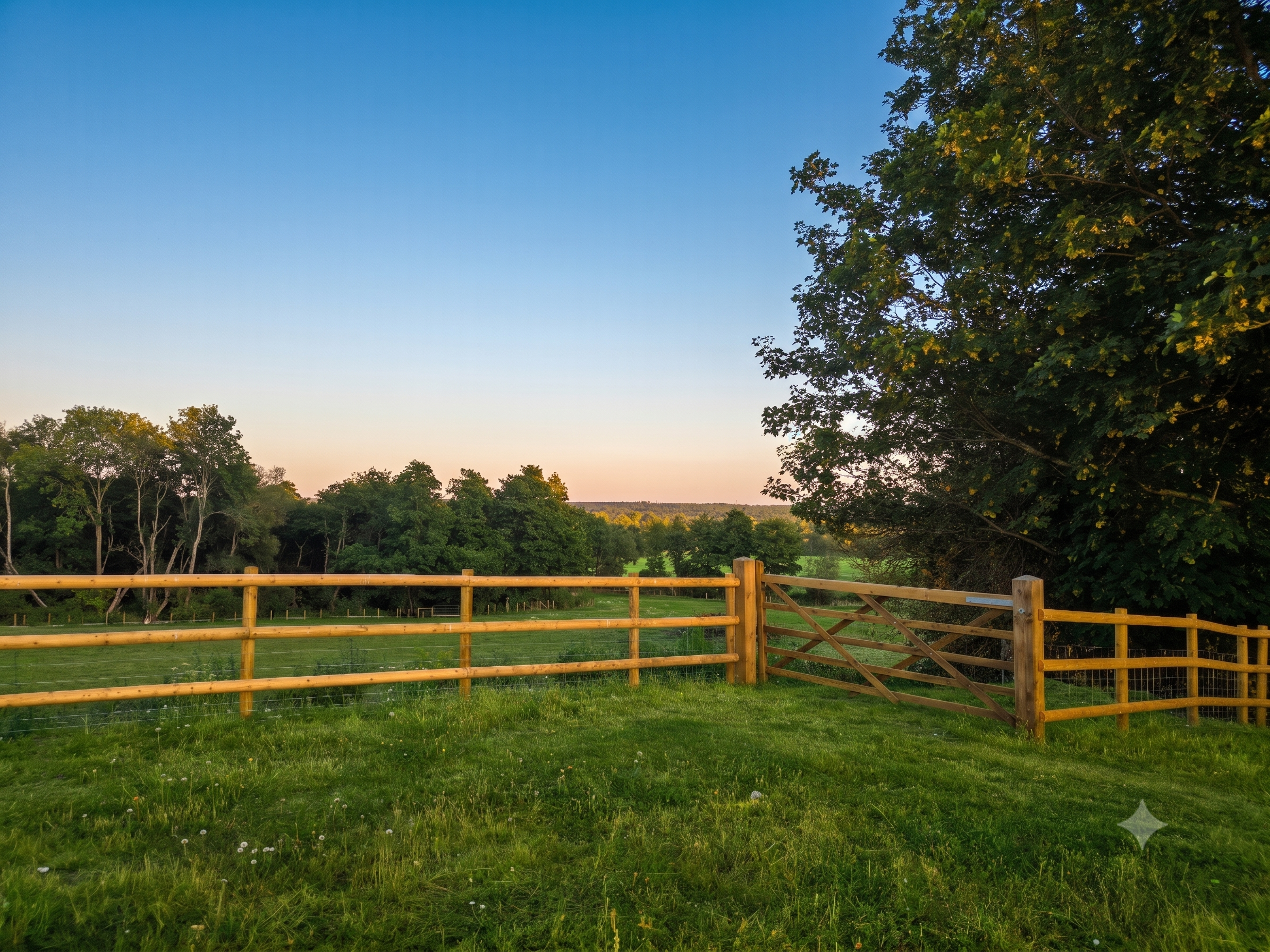 A peaceful outdoor scene with a grassy area, a wooden fence, and a backdrop of trees under a clear sky at dusk.