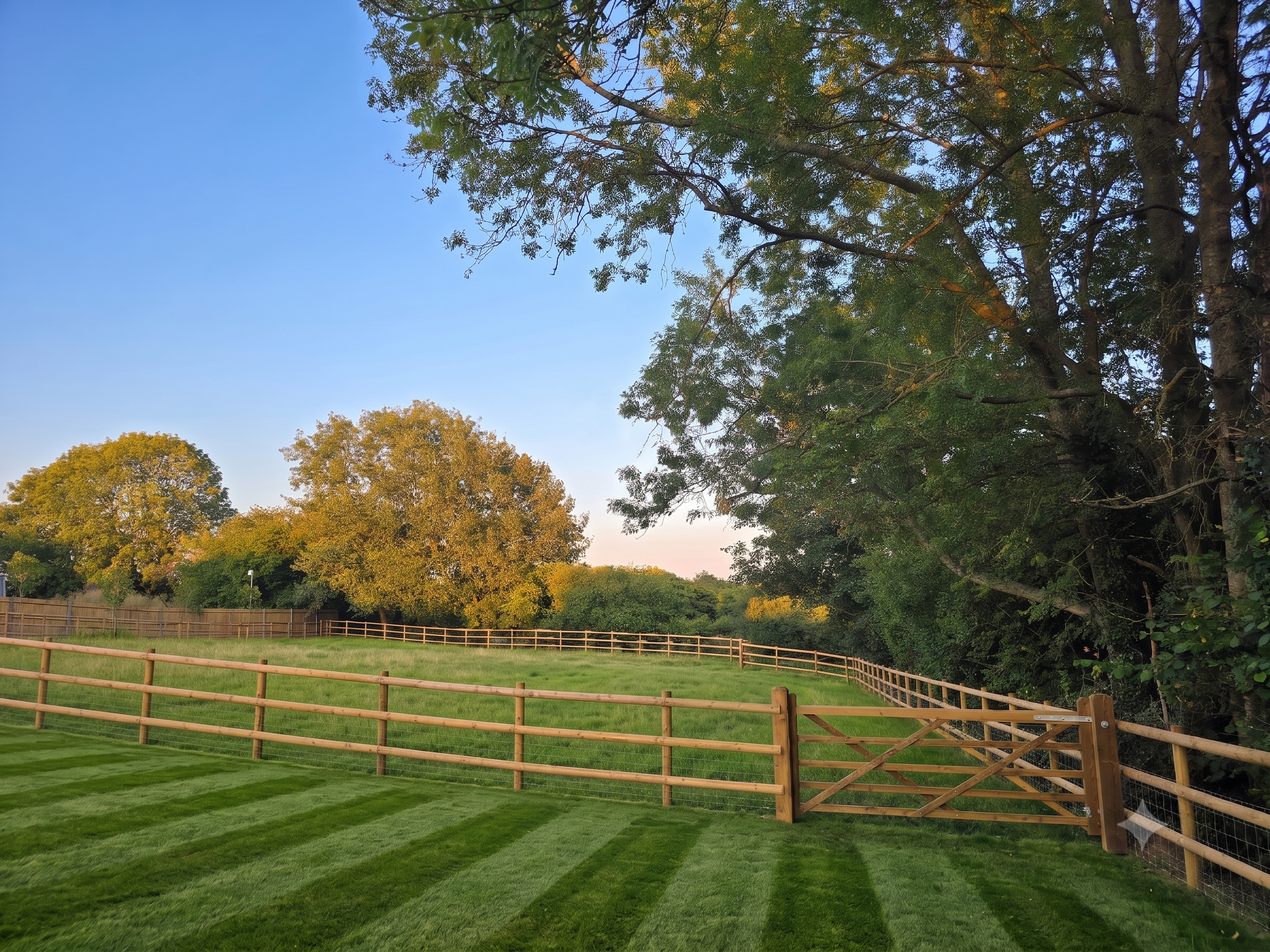 A backyard with a green lawn, a wooden fence, and trees with green and yellow leaves, under a blue sky with some clouds.