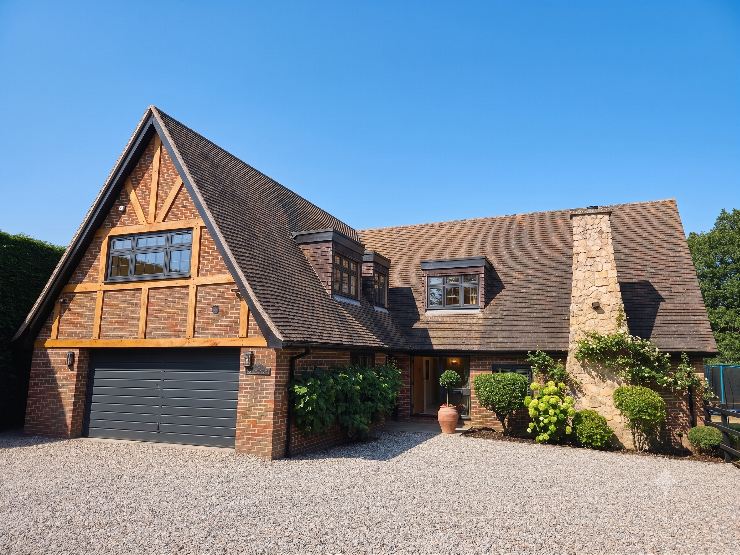A two-story brick house with a steep gabled roof, large windows, and a stone chimney, surrounded by a gravel driveway, lush green shrubs, and trees, under a clear blue sky.