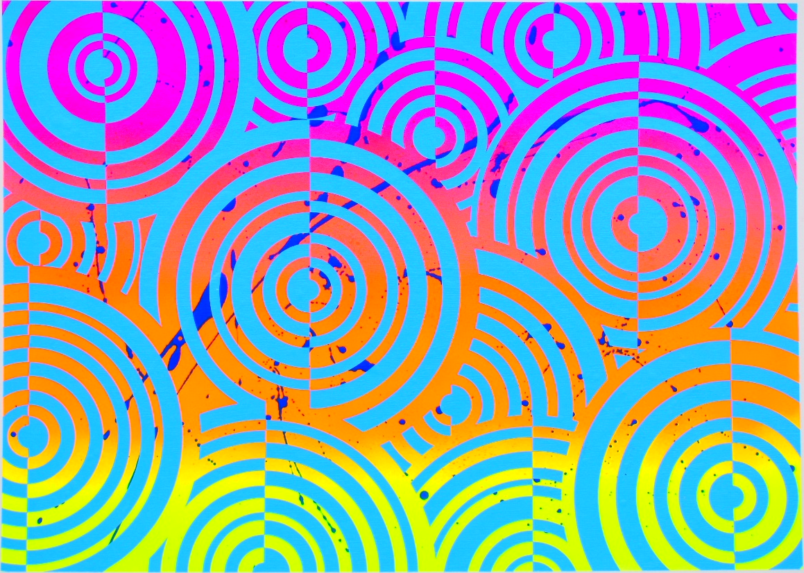Colorful abstract artwork featuring concentric circles in blue, pink, orange, yellow, and purple with splatters and irregularities.