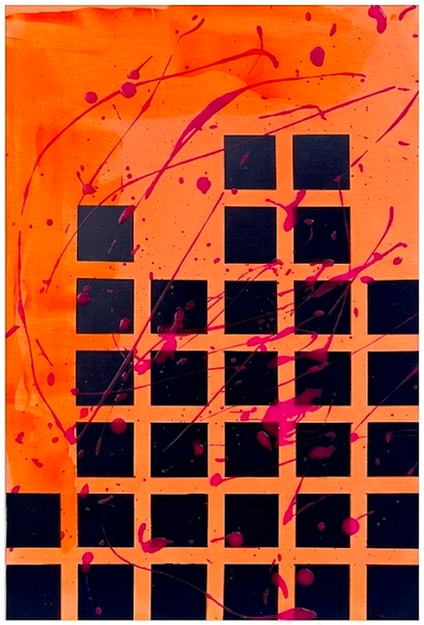 An orange board with black squares and pink paint splatters and streaks all over it.