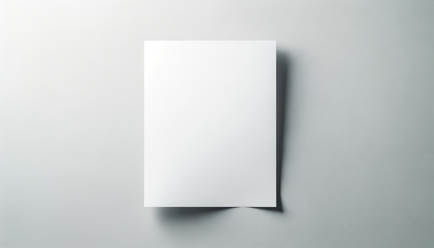 A blank white sheet of paper standing upright on a light gray surface, casting a shadow to the right.