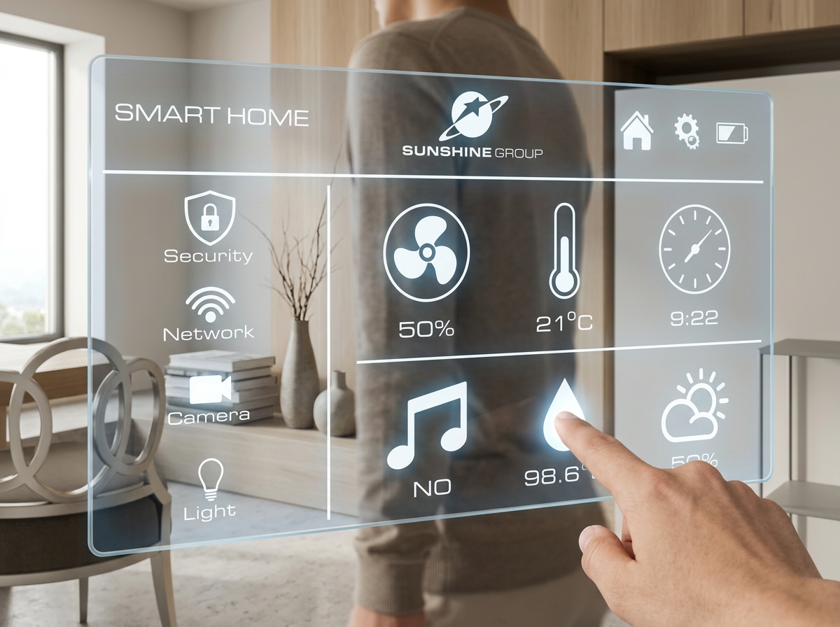 A person interacting with a virtual smart home control interface in a modern living room.