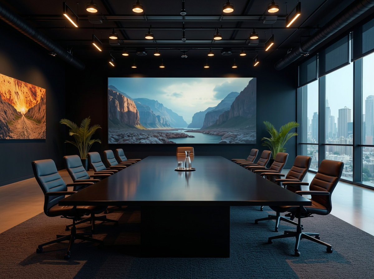 Modern conference room with large rectangular table, black leather chairs, two potted plants, large window with city view, and two landscape paintings on dark walls.